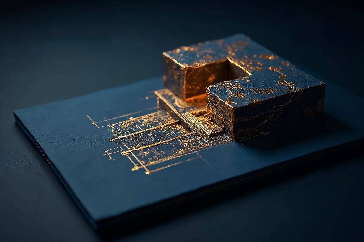 Goldener Querschnittsplan auf blauem Papier