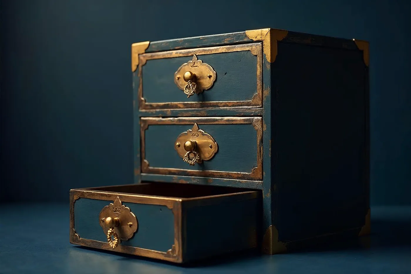 Archivschubladen, verbunden mit Goldfäden