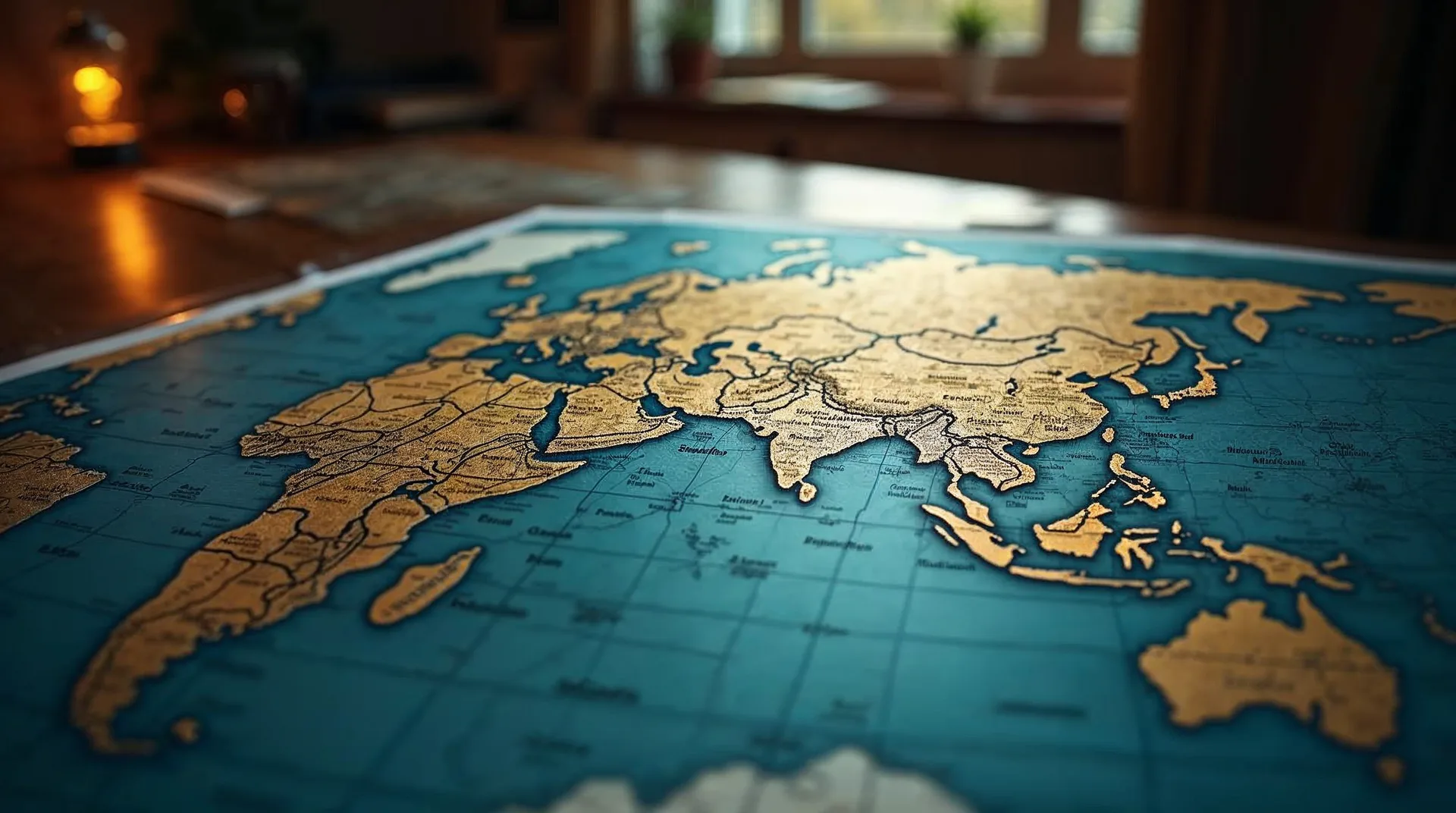 Forskningsbord med flere landkort og dokumenter til markedsanalyse