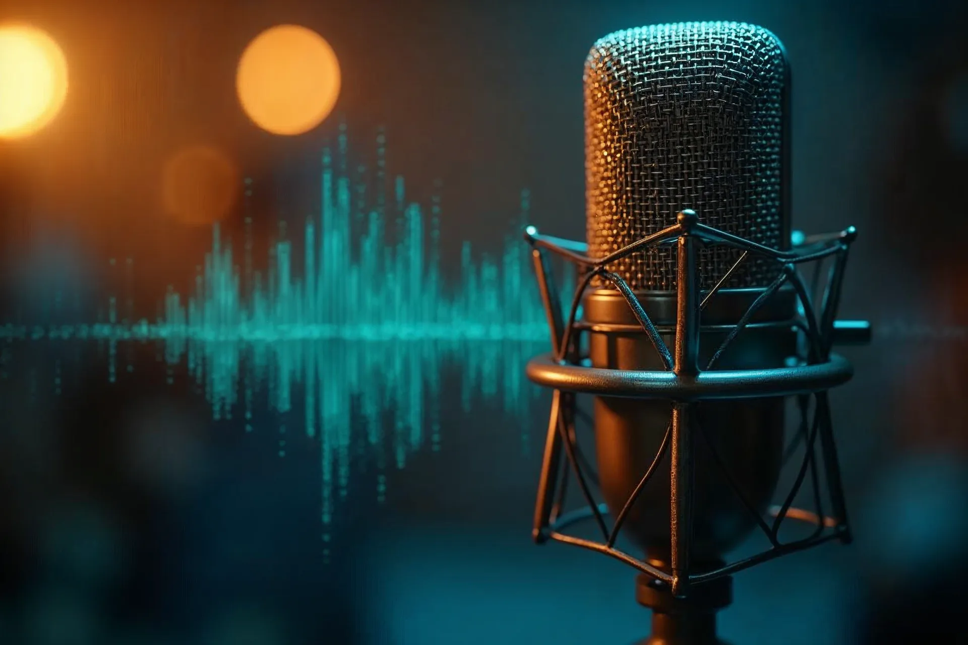 Microphone and text waves illustrating audio-to-text conversion for subtitles
