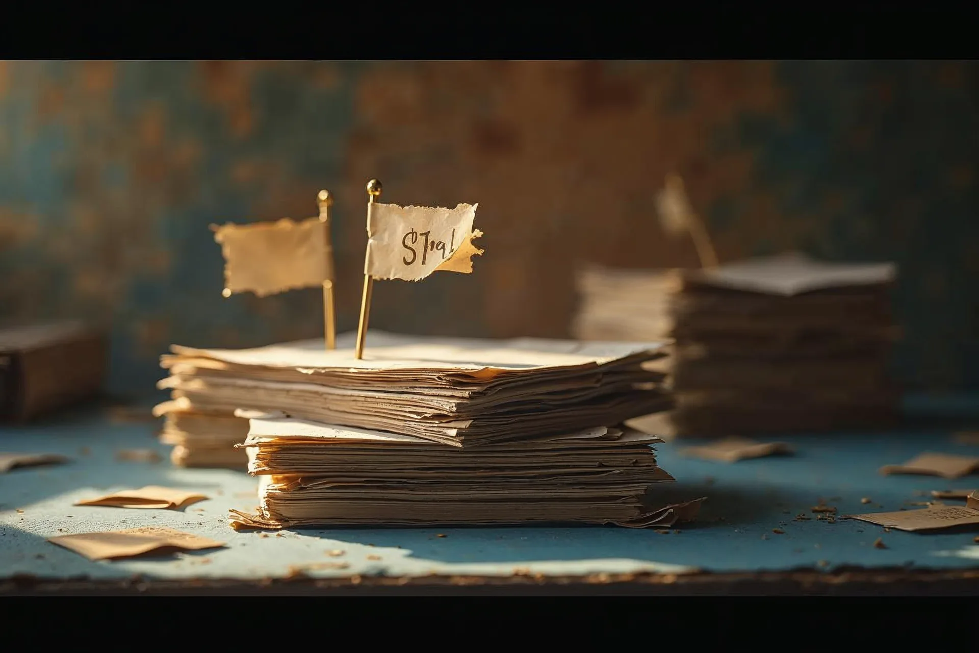 Stack of paper documents with country flags for customer feedback.