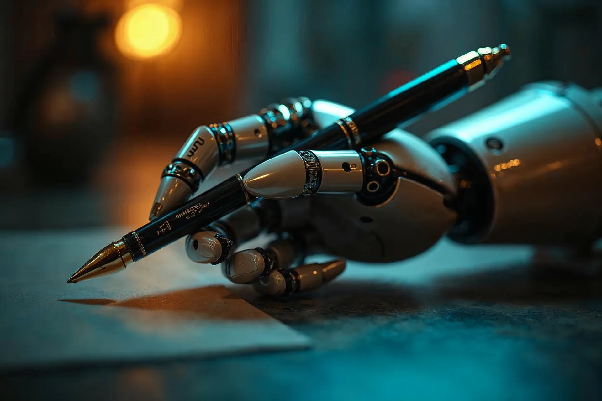 Robot hand holding a pen for localizing chatbot content.