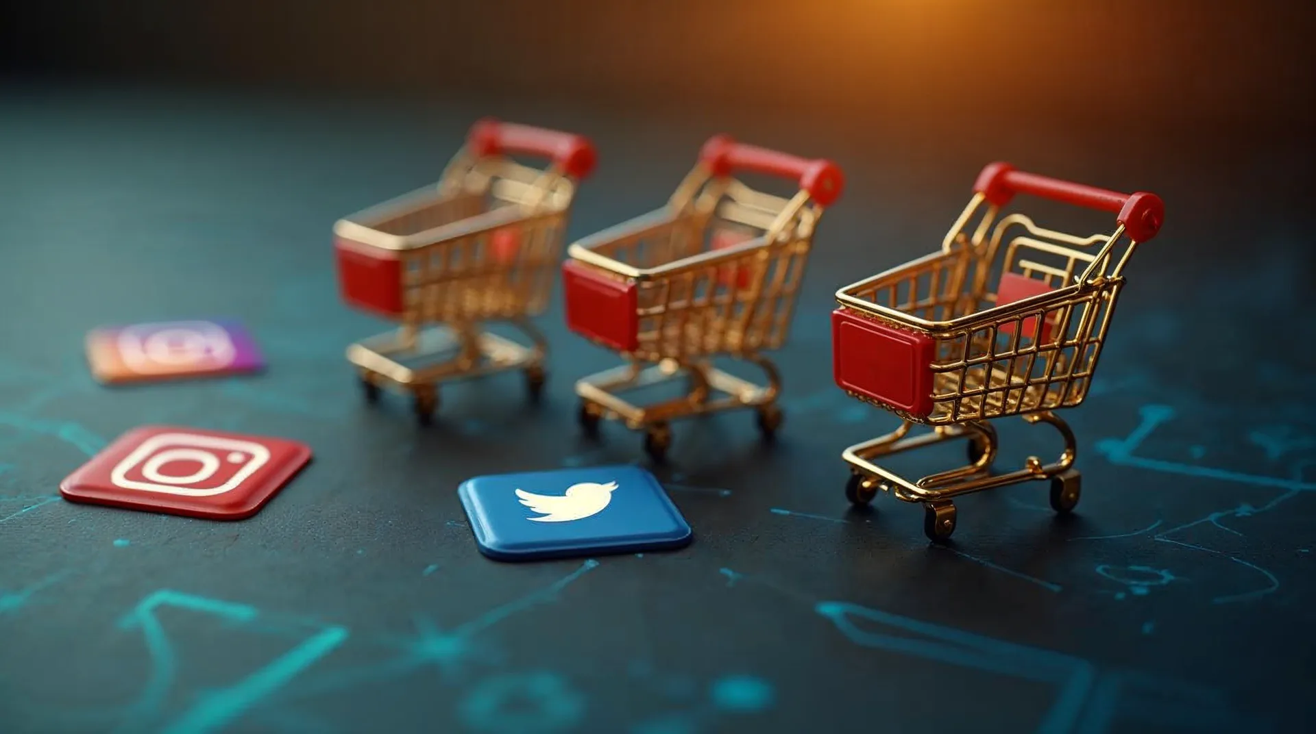 Social-Media-Icons mit Einkaufswagen für internationalen Social Commerce.