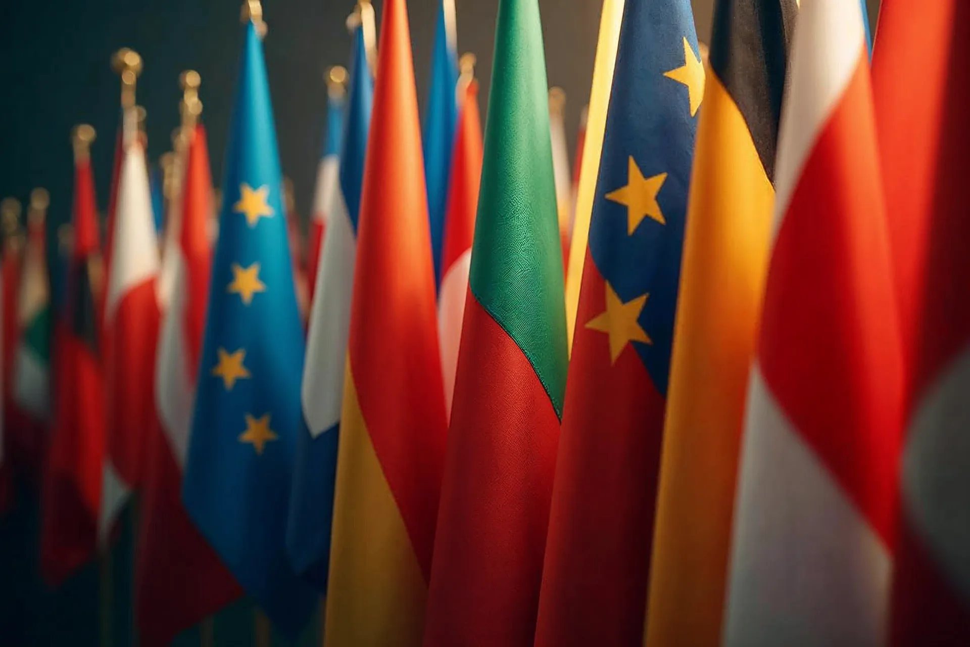 Daugelio Europos šalių vėliavos stovi greta, reprezentuodamos ES kalbų įvairovę.