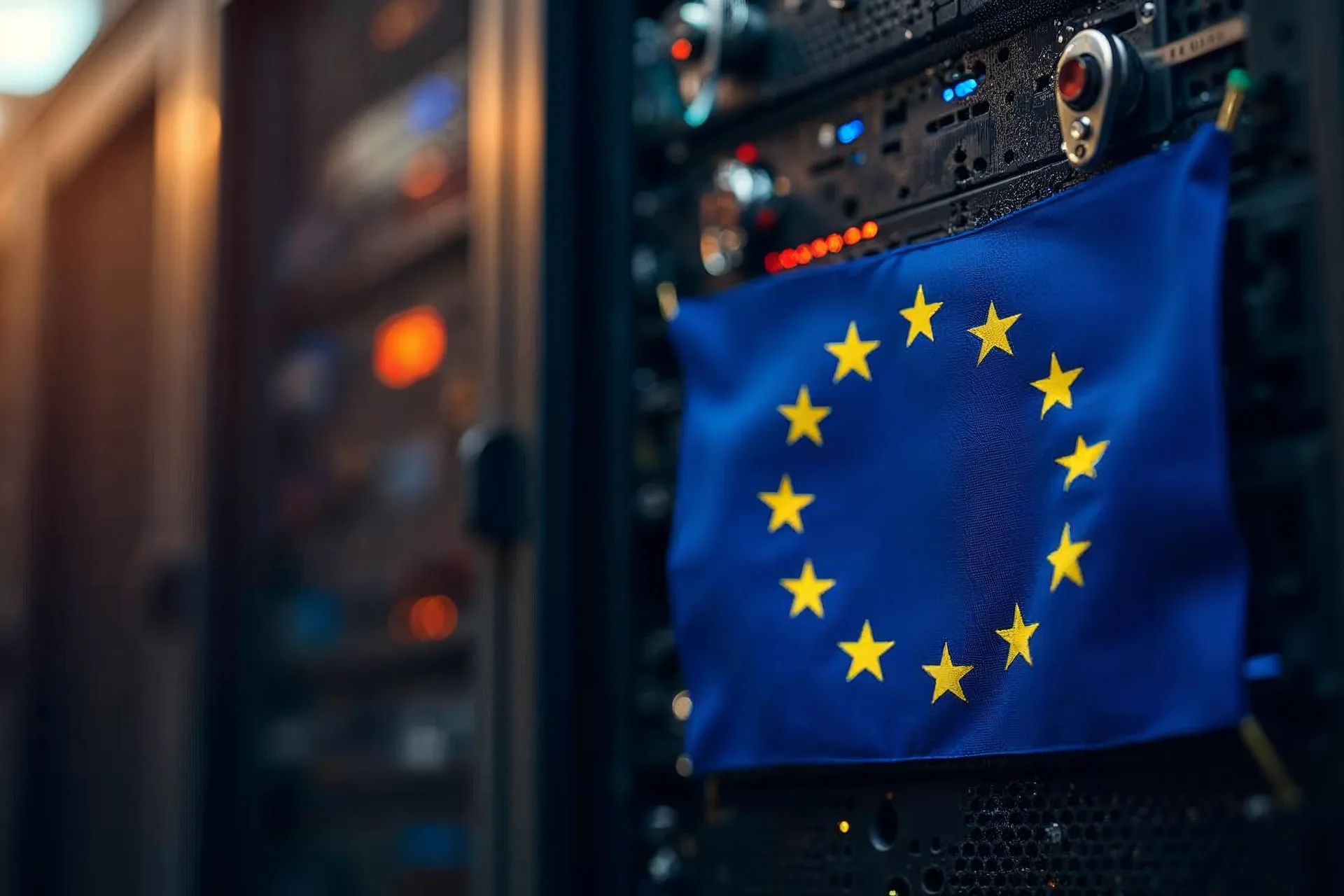 EU-flag ved siden af en server symboliserer overholdelse af databeskyttelsesforordningen.