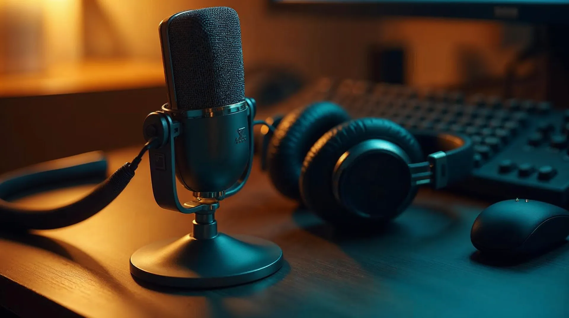 Mikrofon a sluchátka na stole pro produkci podcastů a přepis.