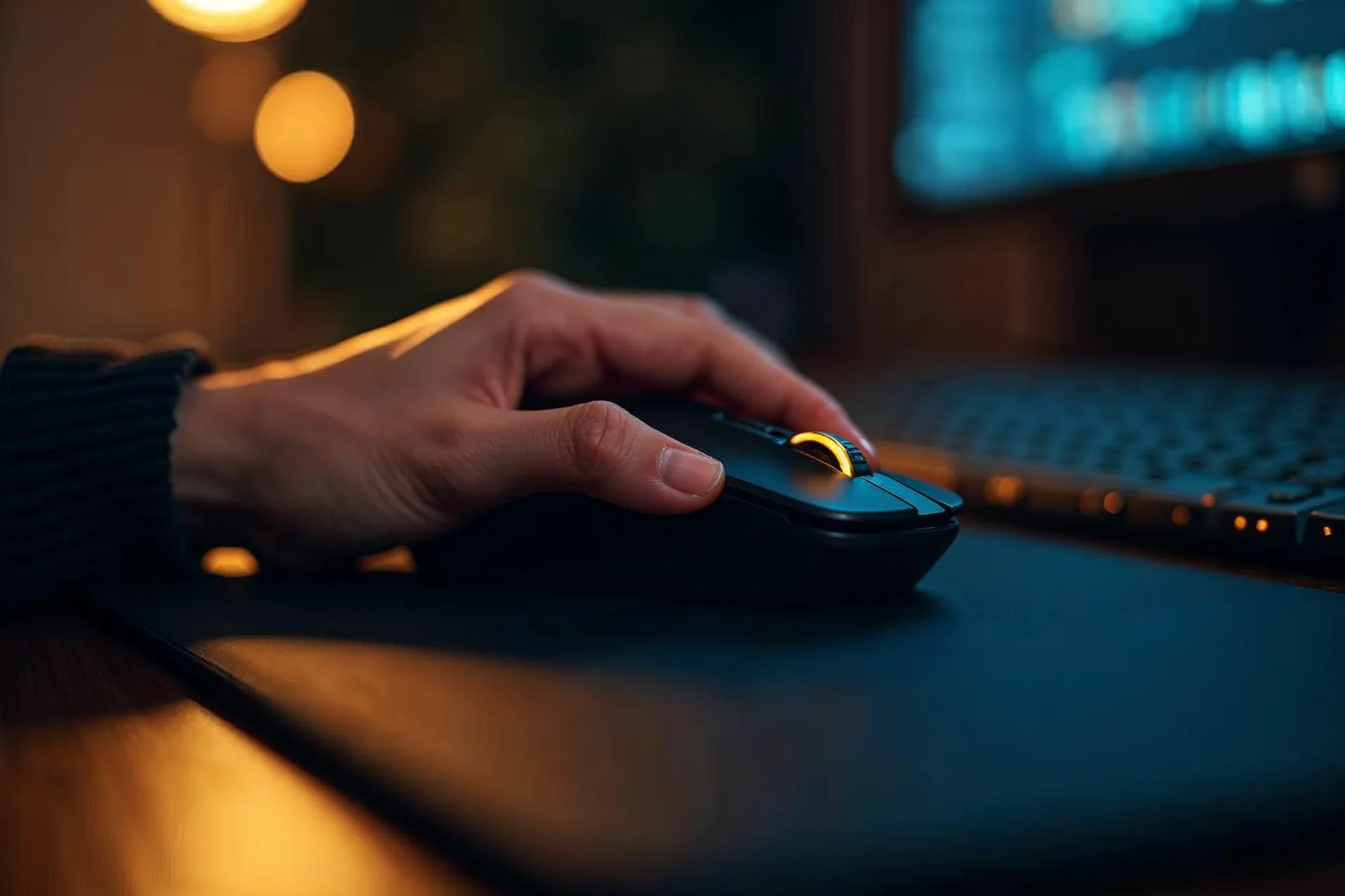 Počítačová myš nakonfigurovaná pro levou ruku pro ergonomickou lokalizaci UI.