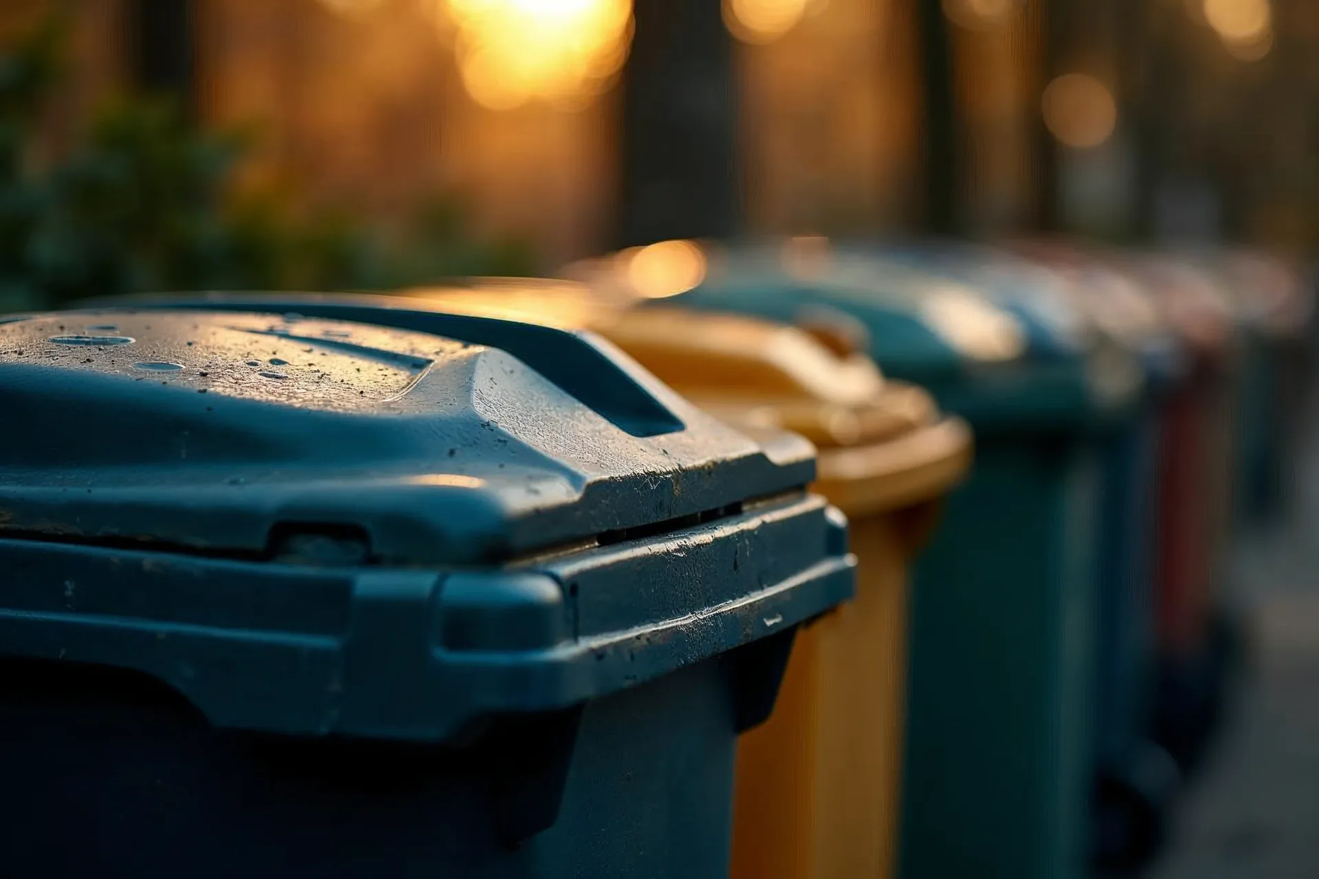 Pojemniki do recyklingu z kolorowymi pokrywami do segregacji odpadów zgodnie z dyrektywami UE.