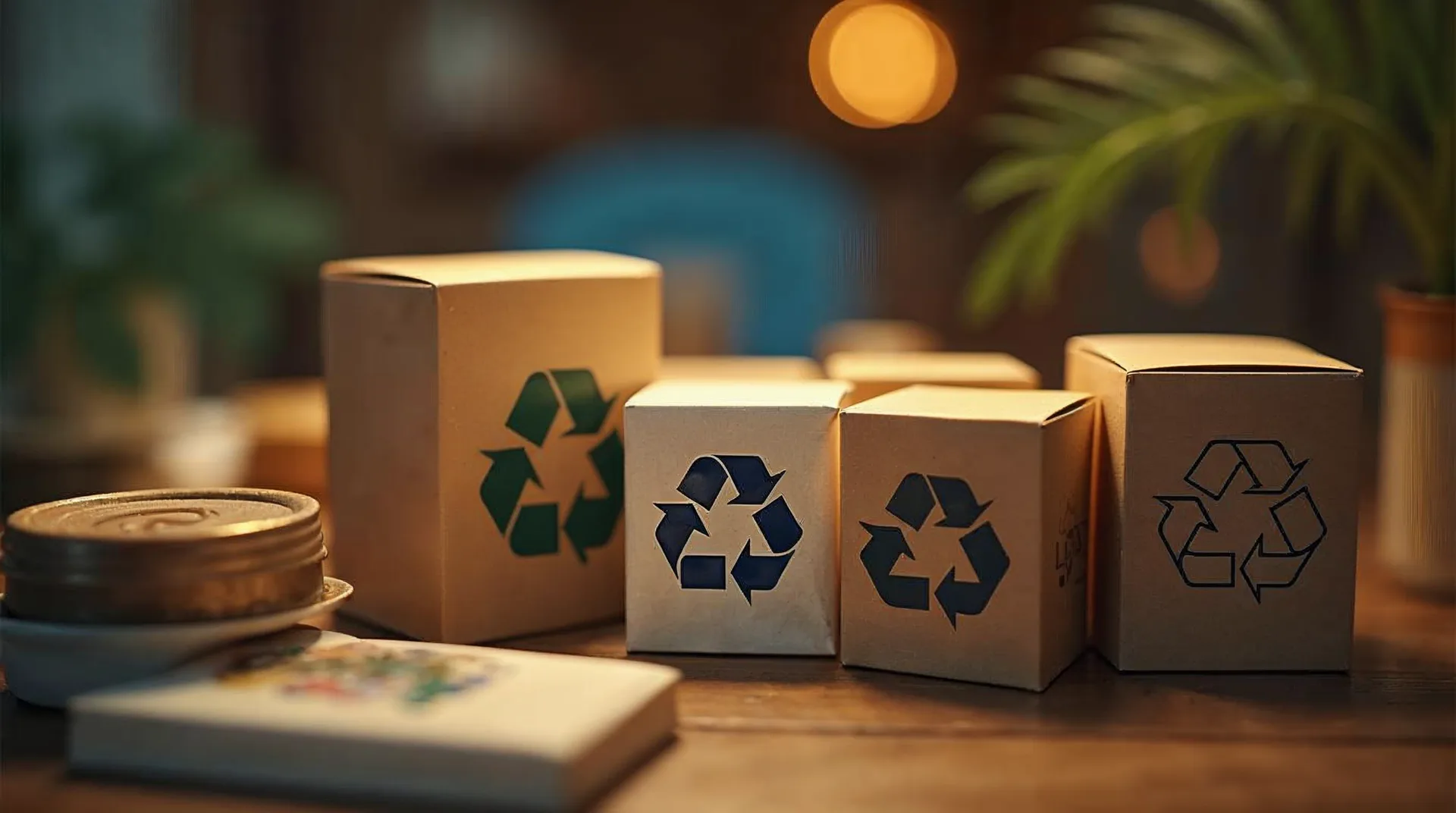 Różne opakowania produktów z symbolami recyklingu dla przepisów UE.