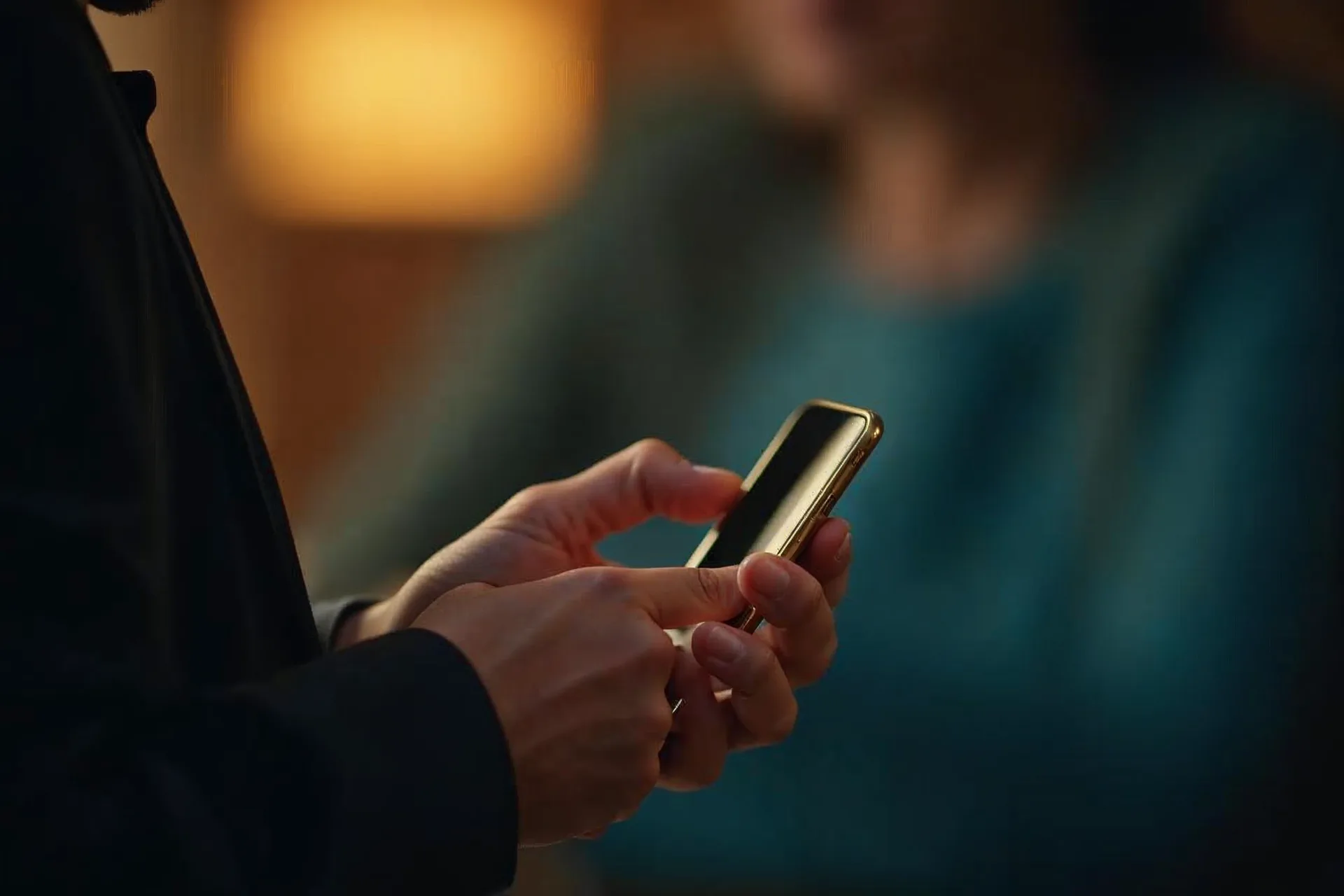 Asmuo laiko išmanųjį telefoną ir kalbasi su balso asistentu.