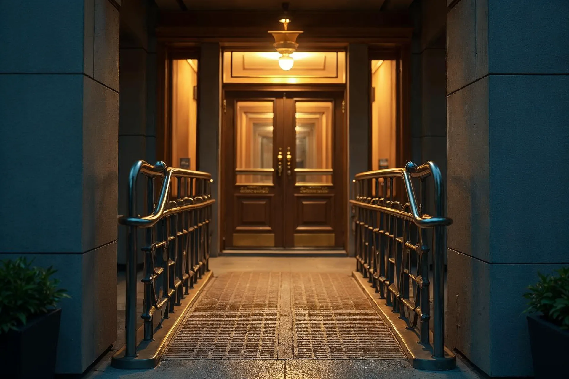Rampa para sillas de ruedas en la entrada del edificio garantiza acceso sin barreras.
