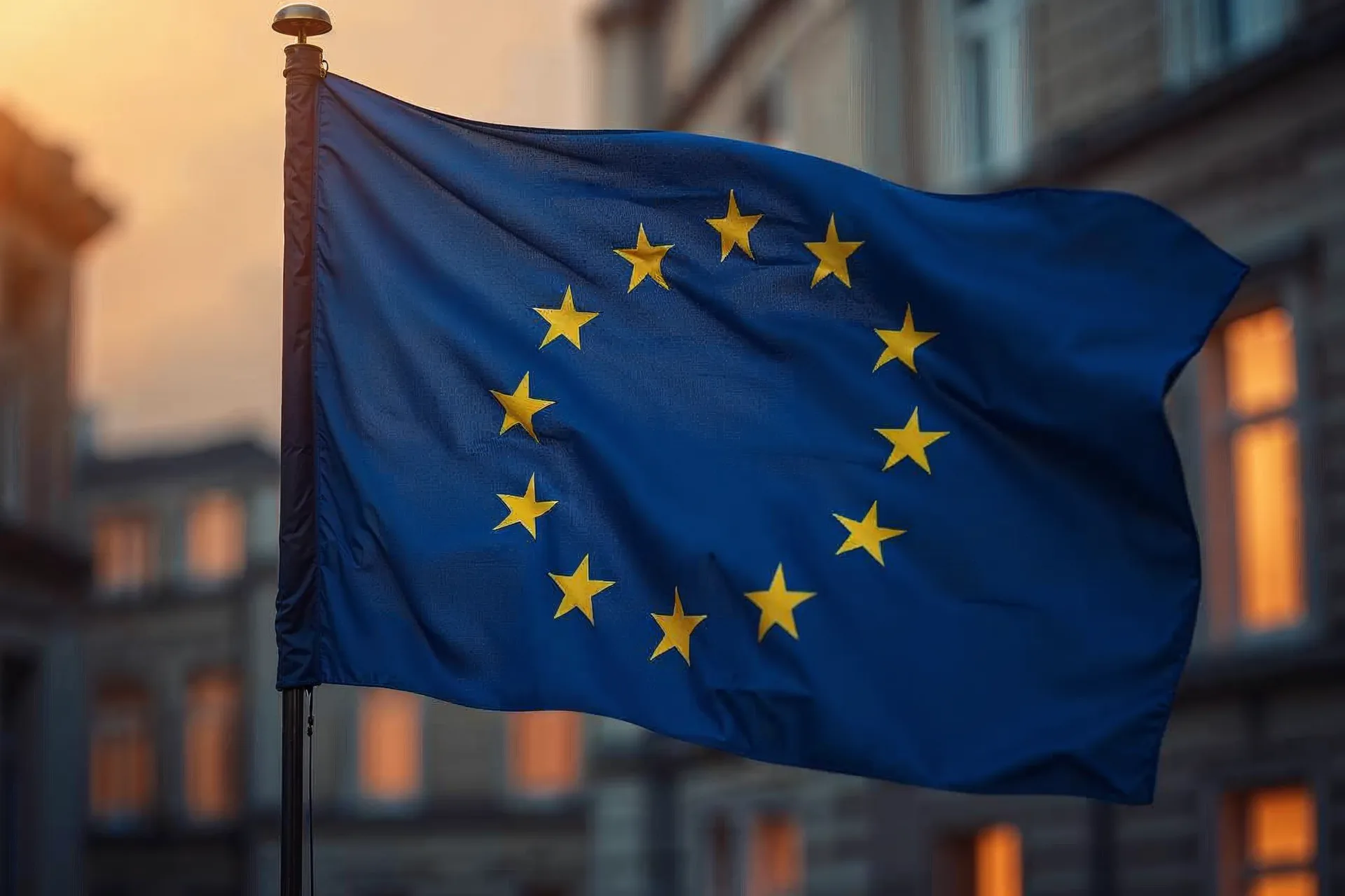 Vlajka Evropské unie vlající ve větru symbolizuje jednotnou regulaci.