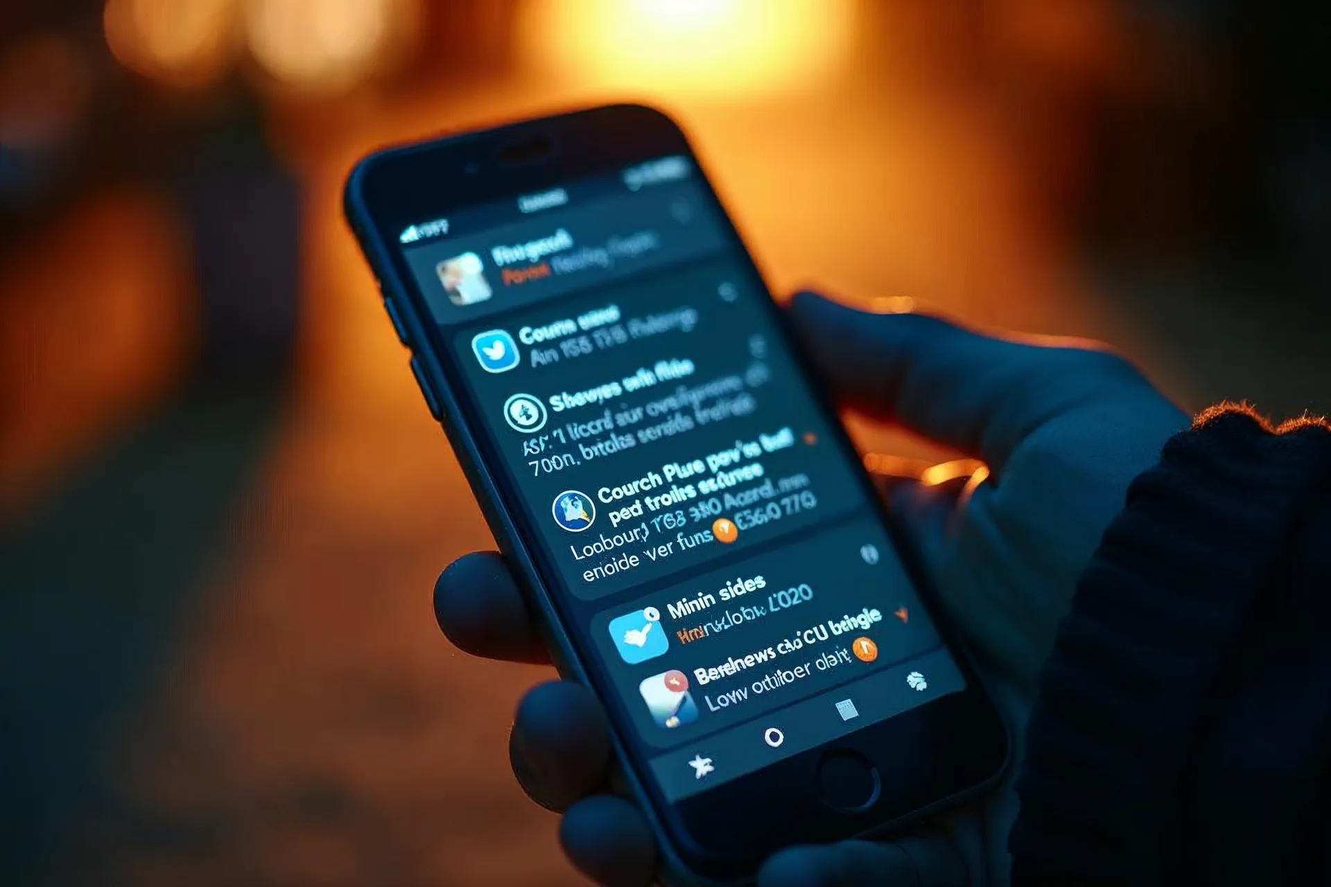 Feed sociálních médií na smartphonu s příspěvky lokalizovaných influencerů.
