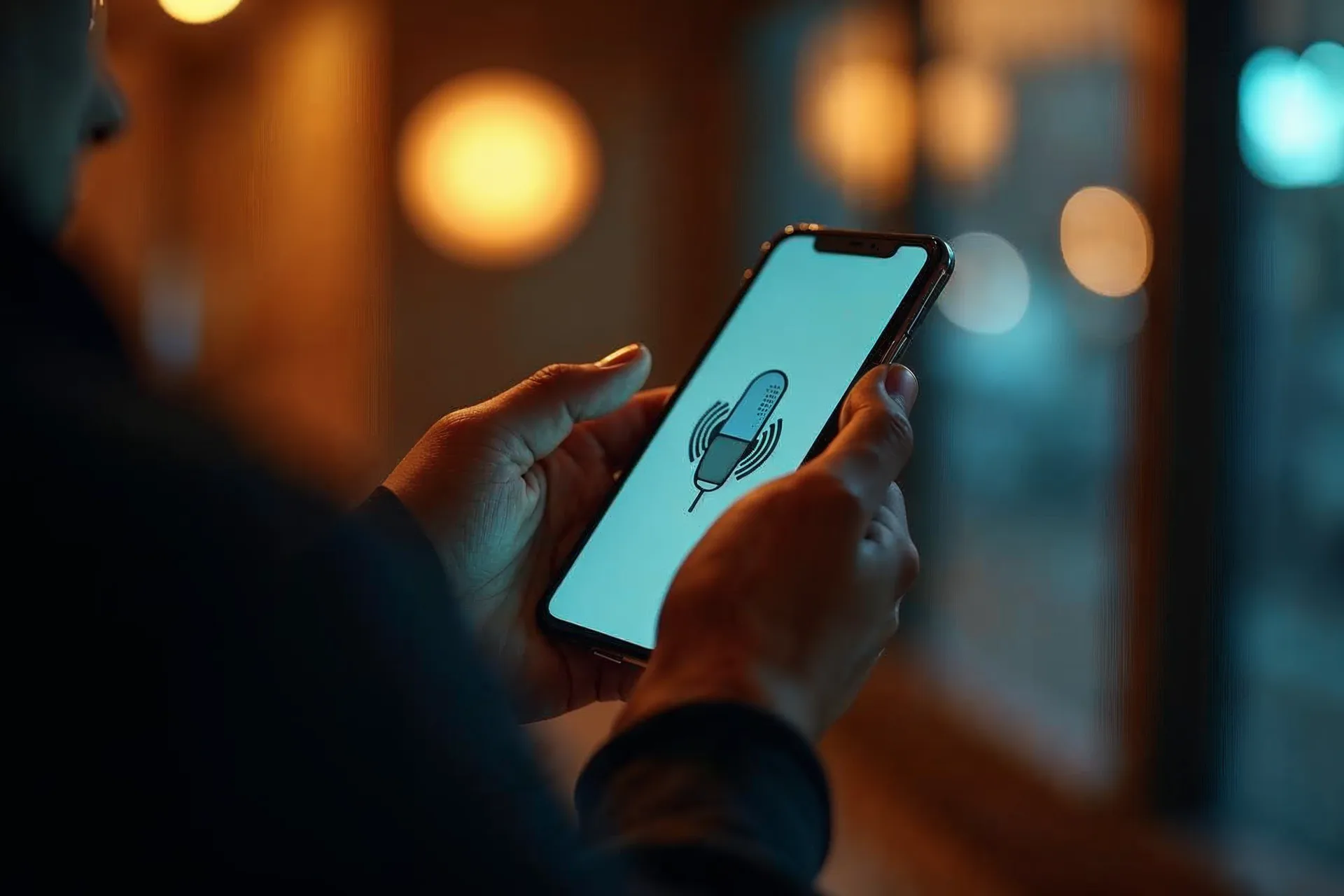 Ruka drží chytrý telefon s aktivovaným hlasovým asistentem pro hlasové příkazy.