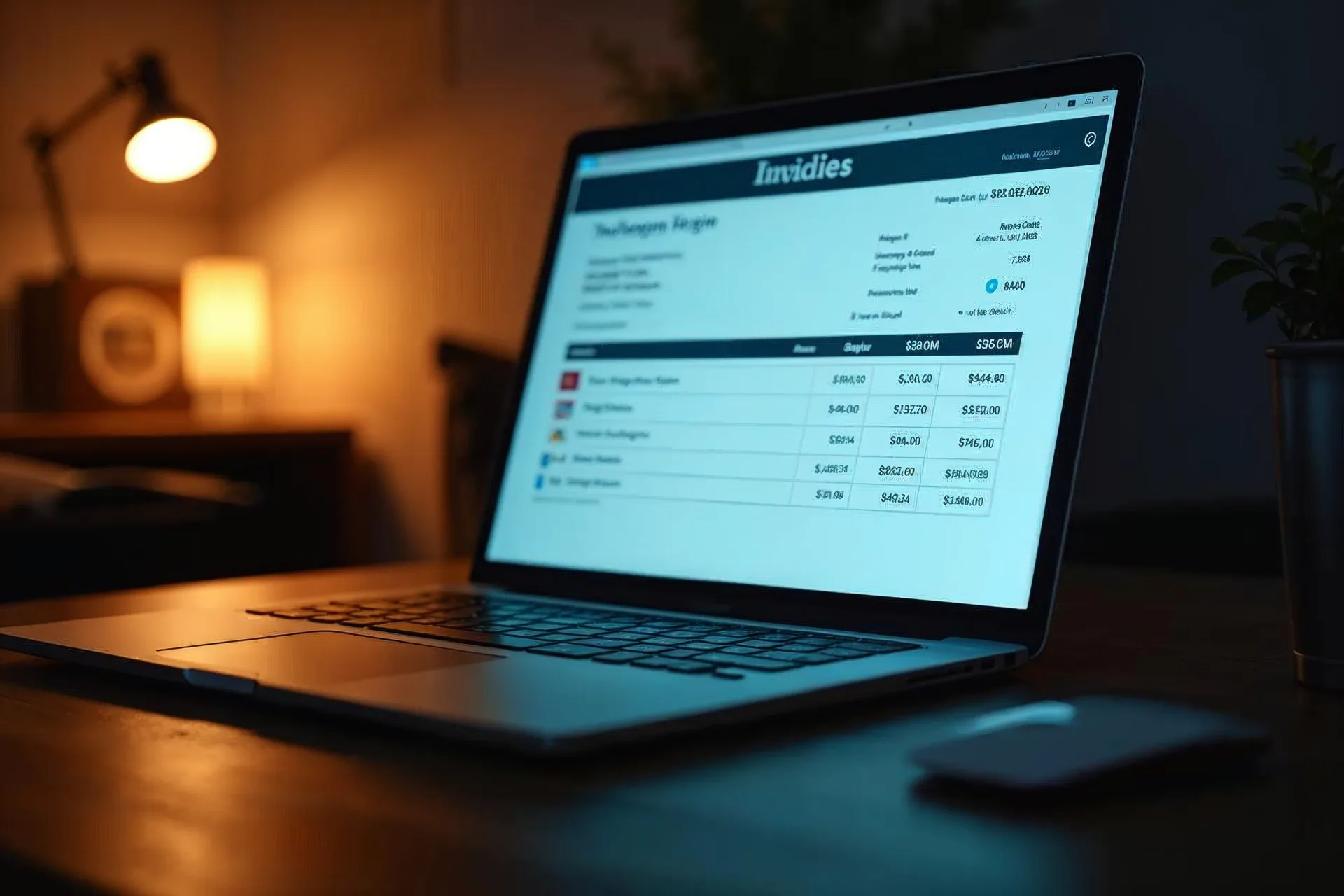 Laptop viser en digital fakturaskabelon med formularfelter.