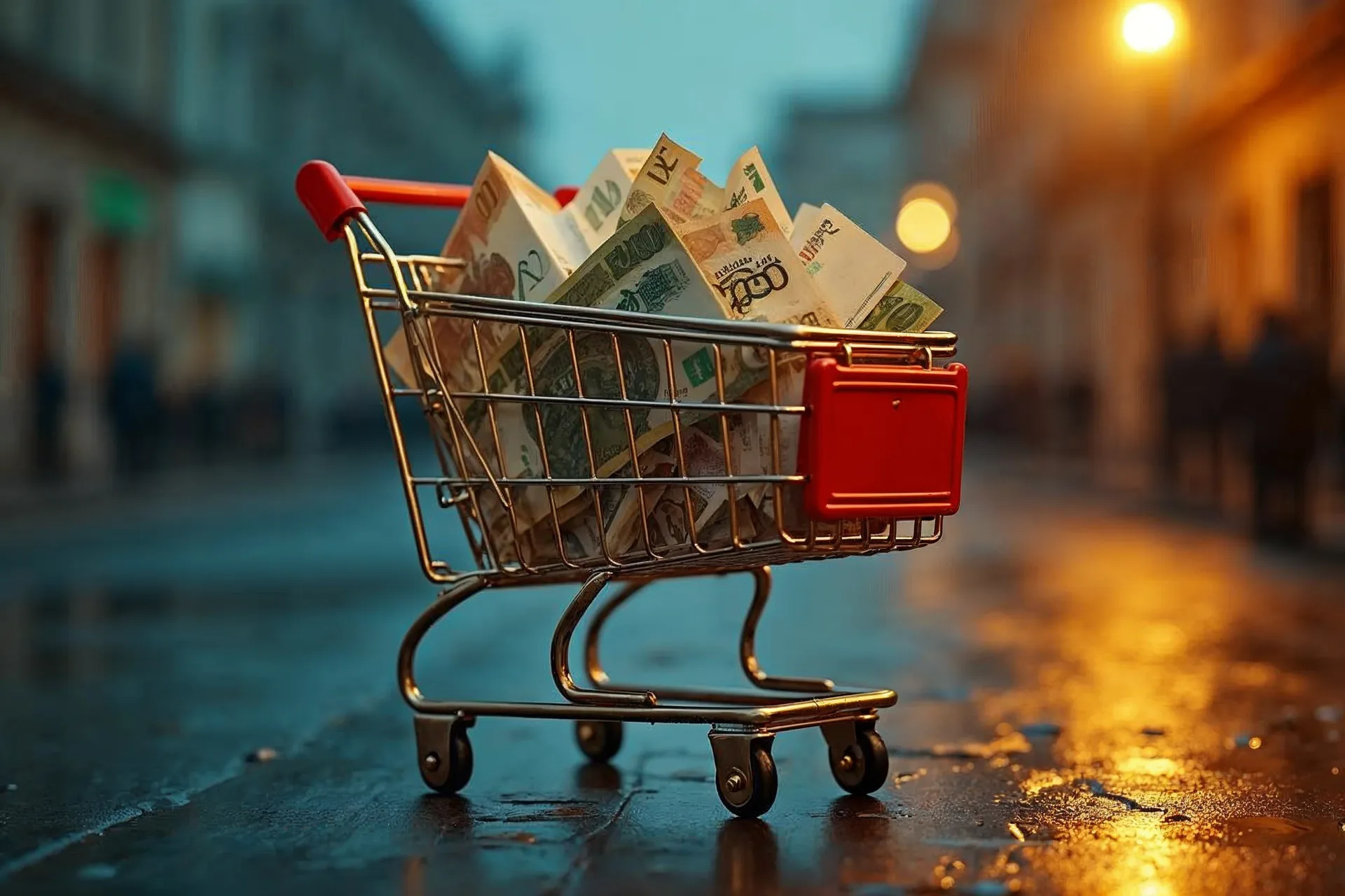 Carrito de compras con monedas simboliza el comercio transfronterizo.