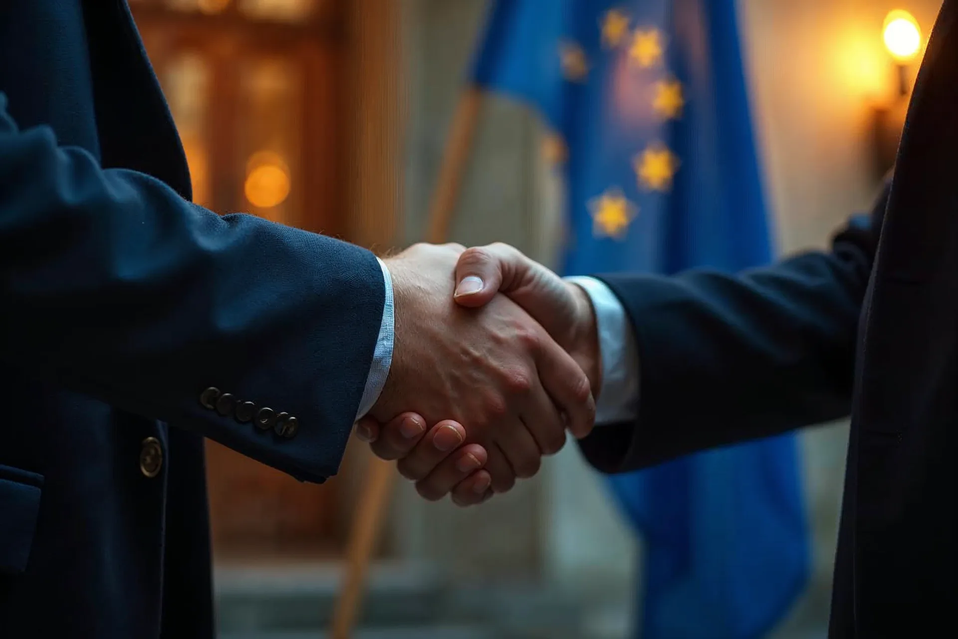 To hænder giver hånd foran et EU-flag, symbolsk for internationalt samarbejde.