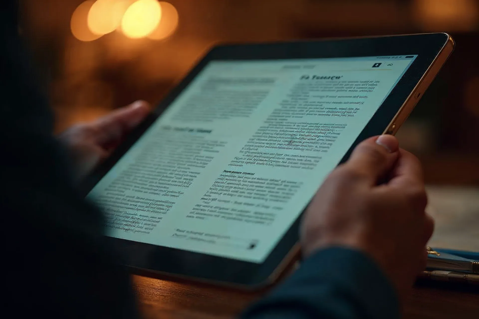 Tablet med casestudie-dokument til lokalisering af europæiske kundeudtalelser.