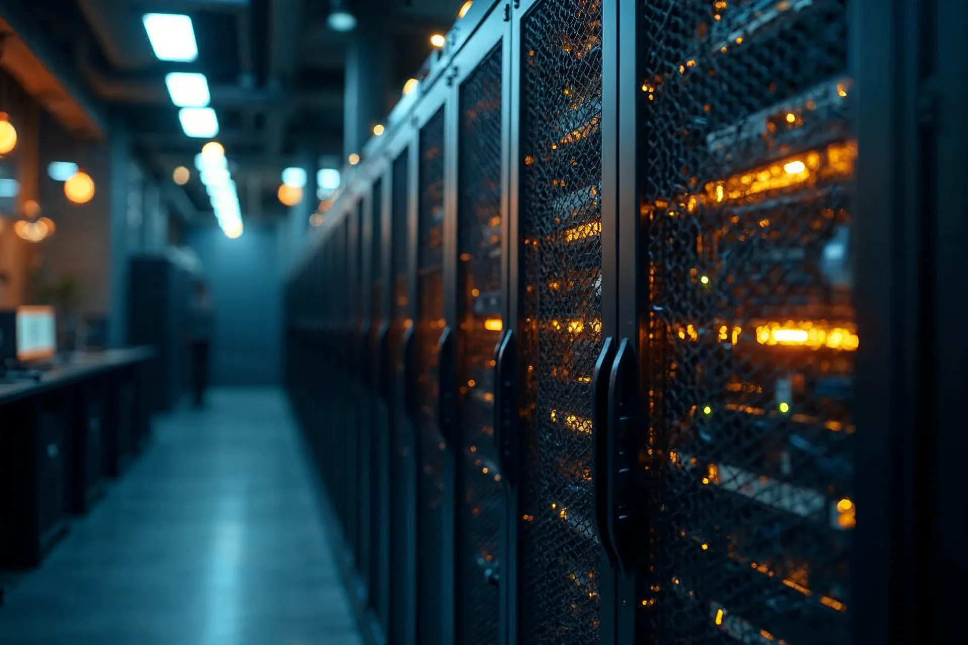 Serverový rack s síťovými kabely pro infrastrukturu platební brány v Evropě.