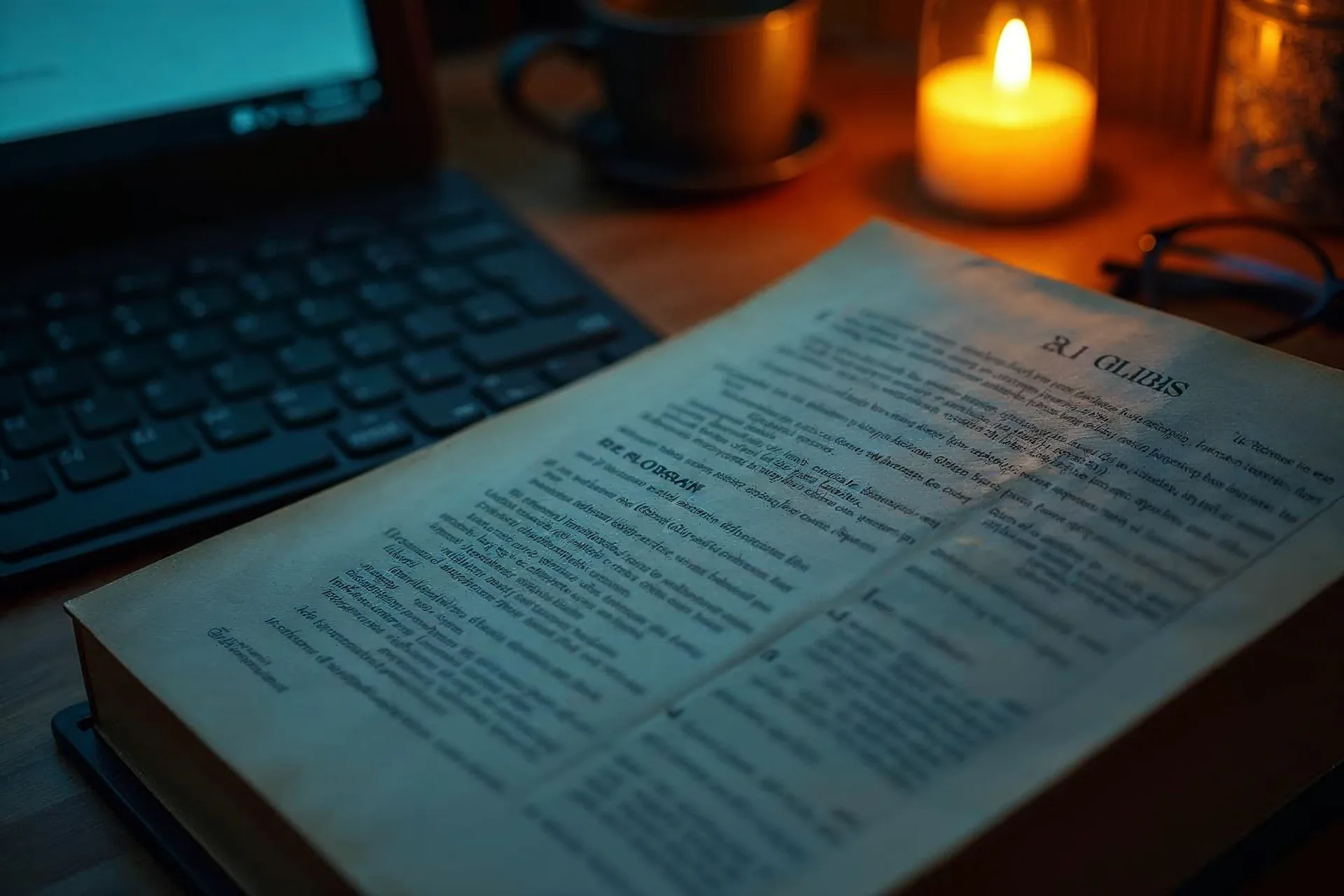 Atskleista glosarijaus knyga guli šalia kompiuterio klaviatūros vertimui.