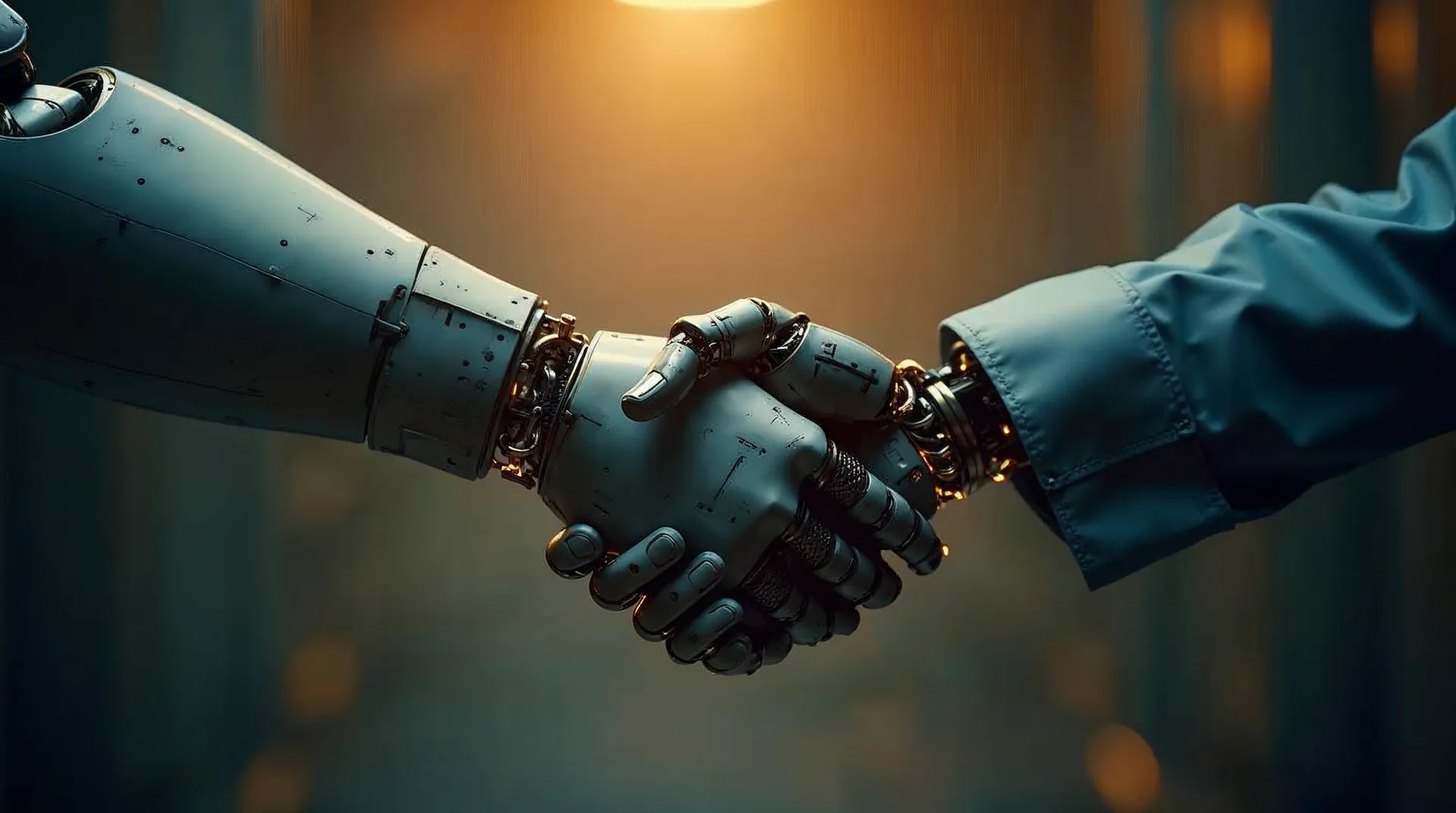 Roboto ranka spaudžia žmogaus ranką kaip KI ir žmogaus hibridinio modelio simbolį.