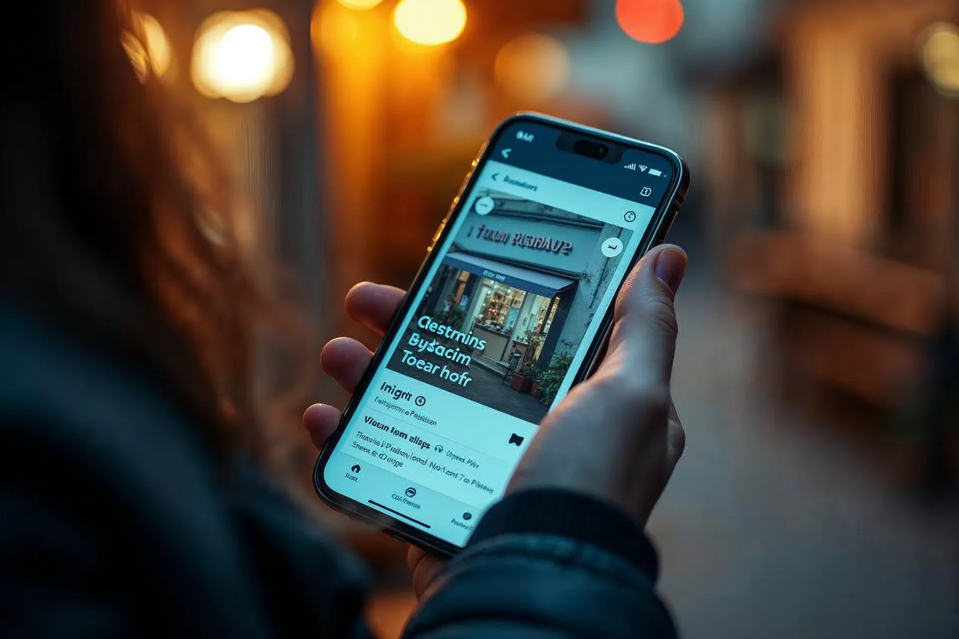 Un smartphone muestra una ficha de negocio local en un directorio europeo.