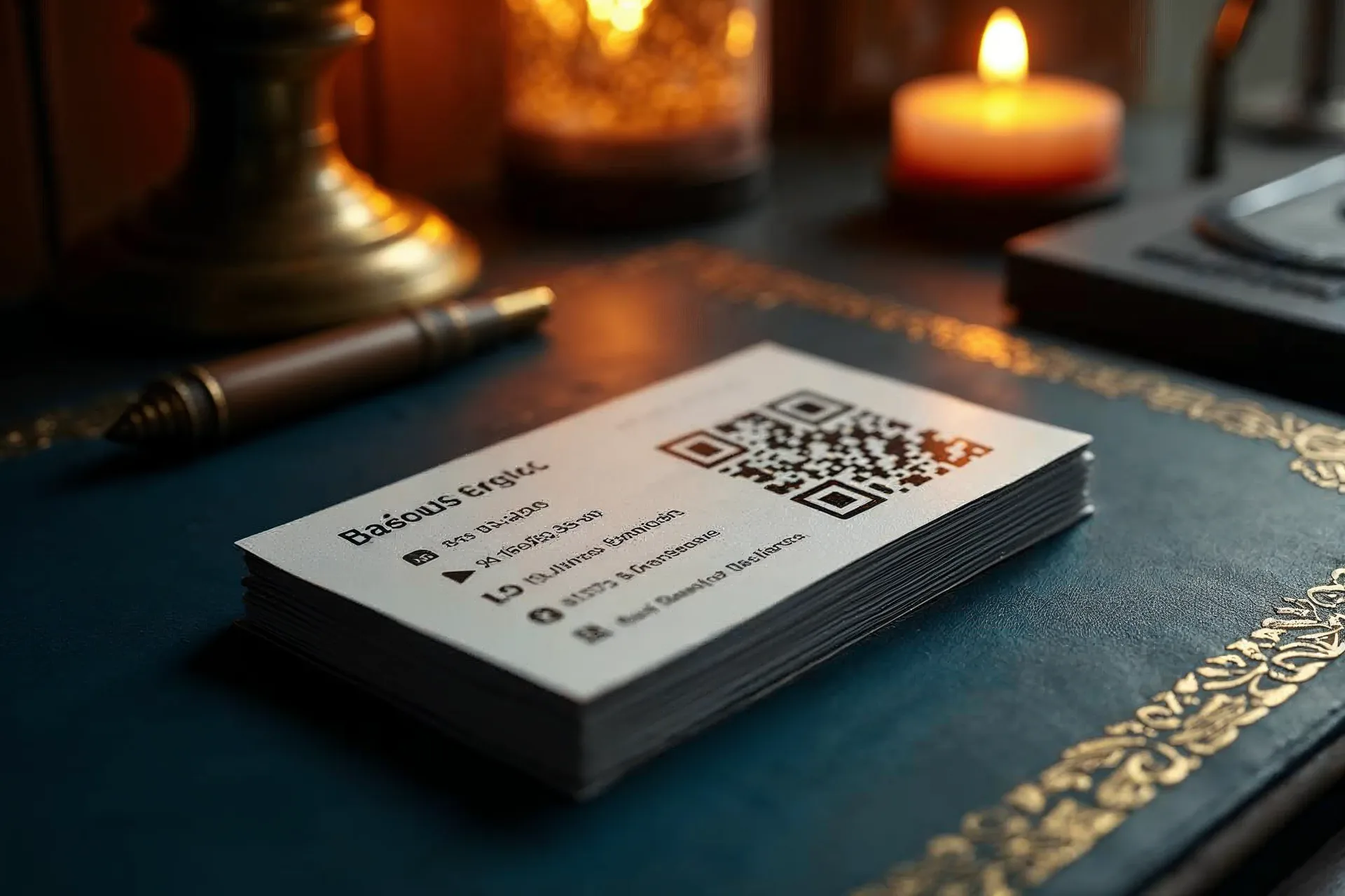 Una tarjeta de visita con código QR está sobre el escritorio y remite al perfil.