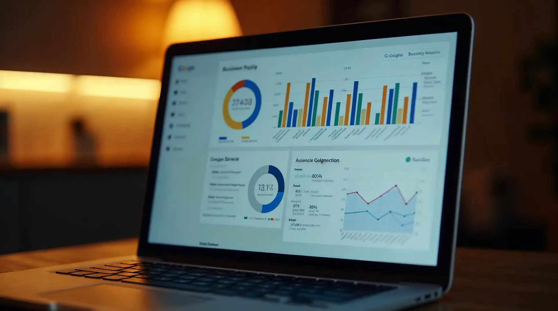 El panel de Google Business Profile en el portátil muestra datos empresariales para la localización.