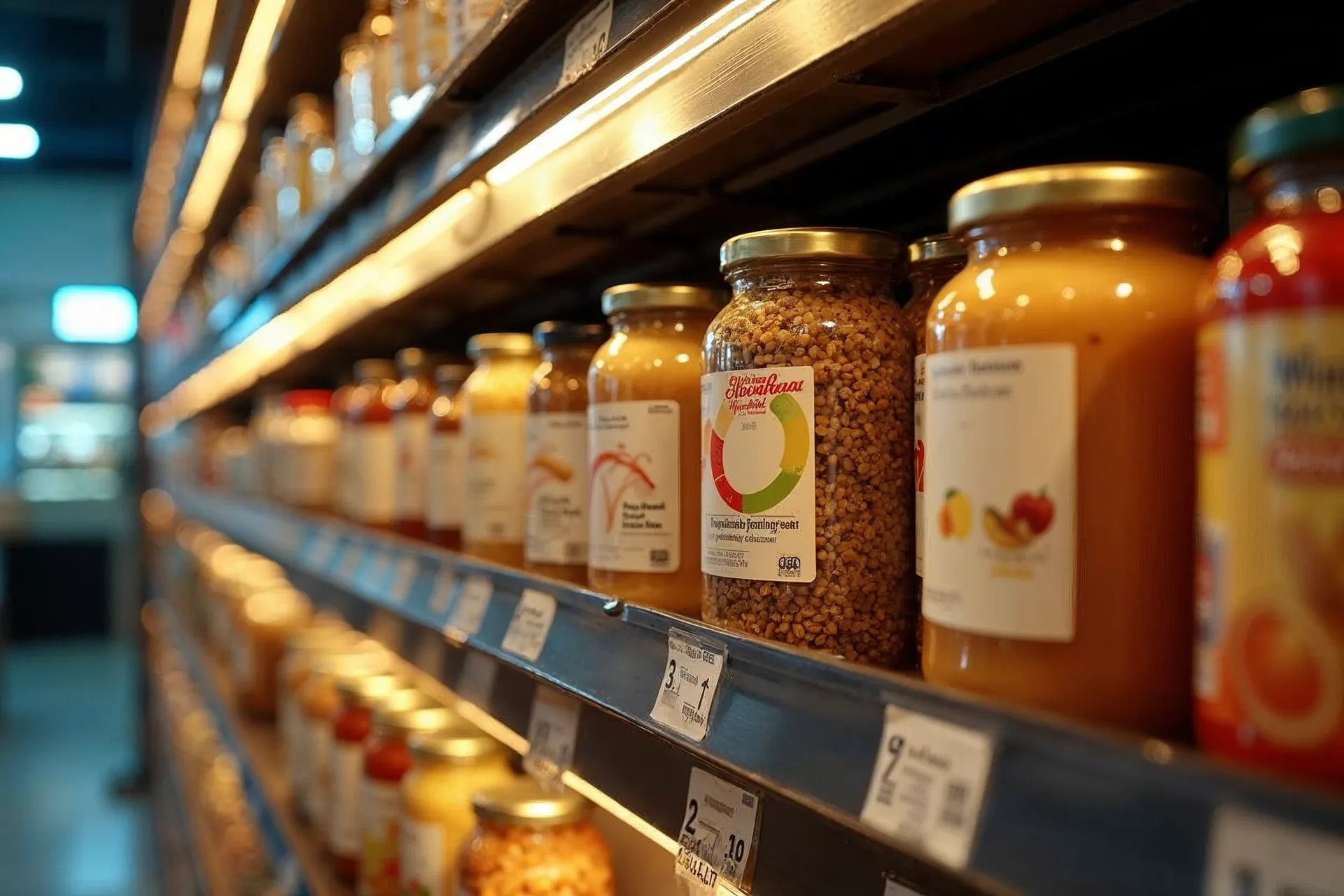 Lentyna su maisto produktais, rodančiais skirtingus ES Nutri-Score ženklus.
