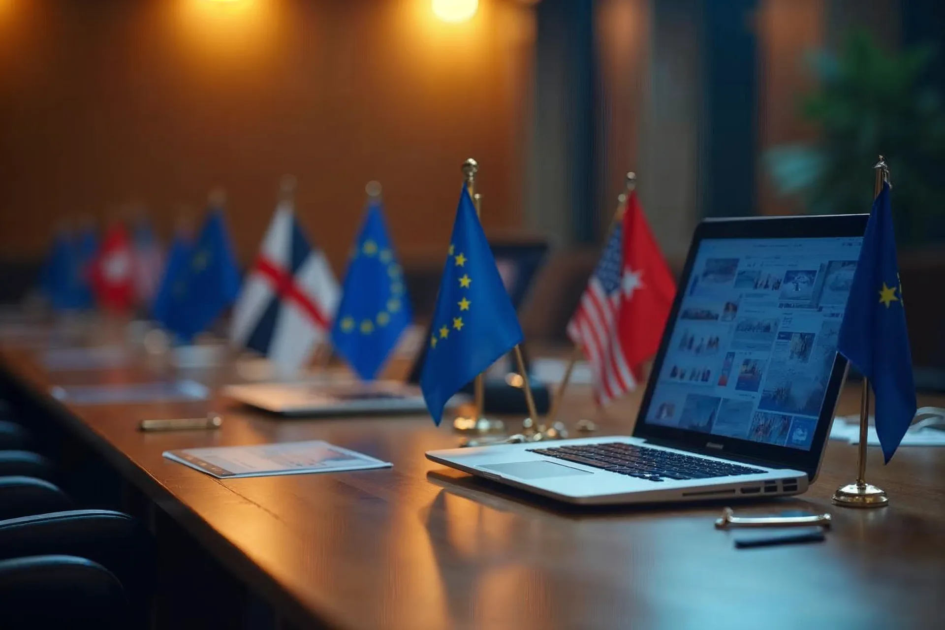Mesa de reuniones con portátiles y banderas de países de la UE.
