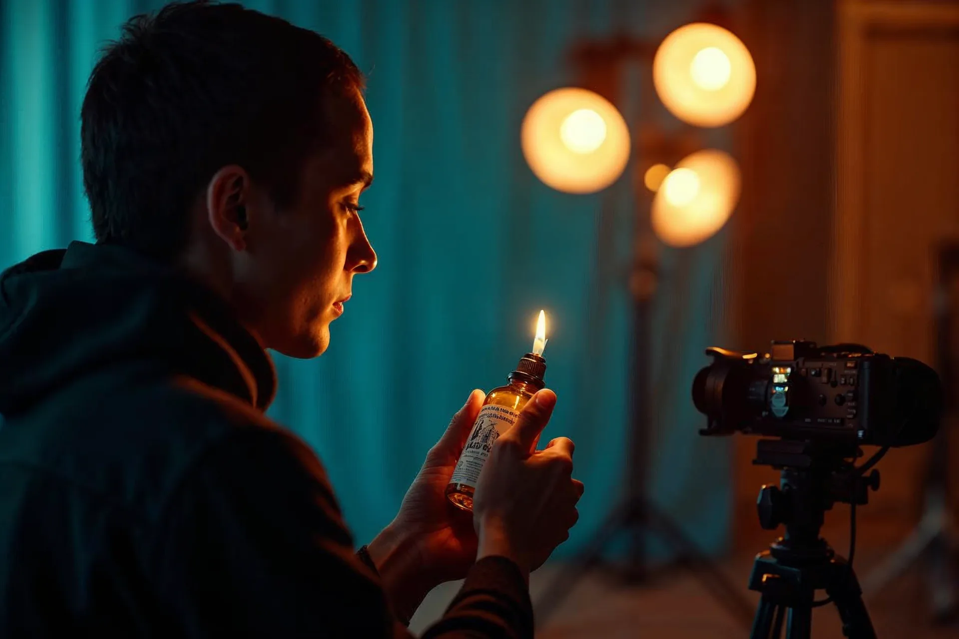 Influencer sostiene producto, cámara graba con iluminación de estudio.