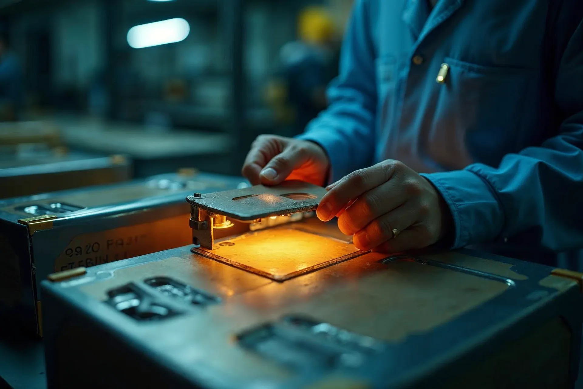 Fabrieksmedewerker bevestigt RFID-tag aan productverpakking.