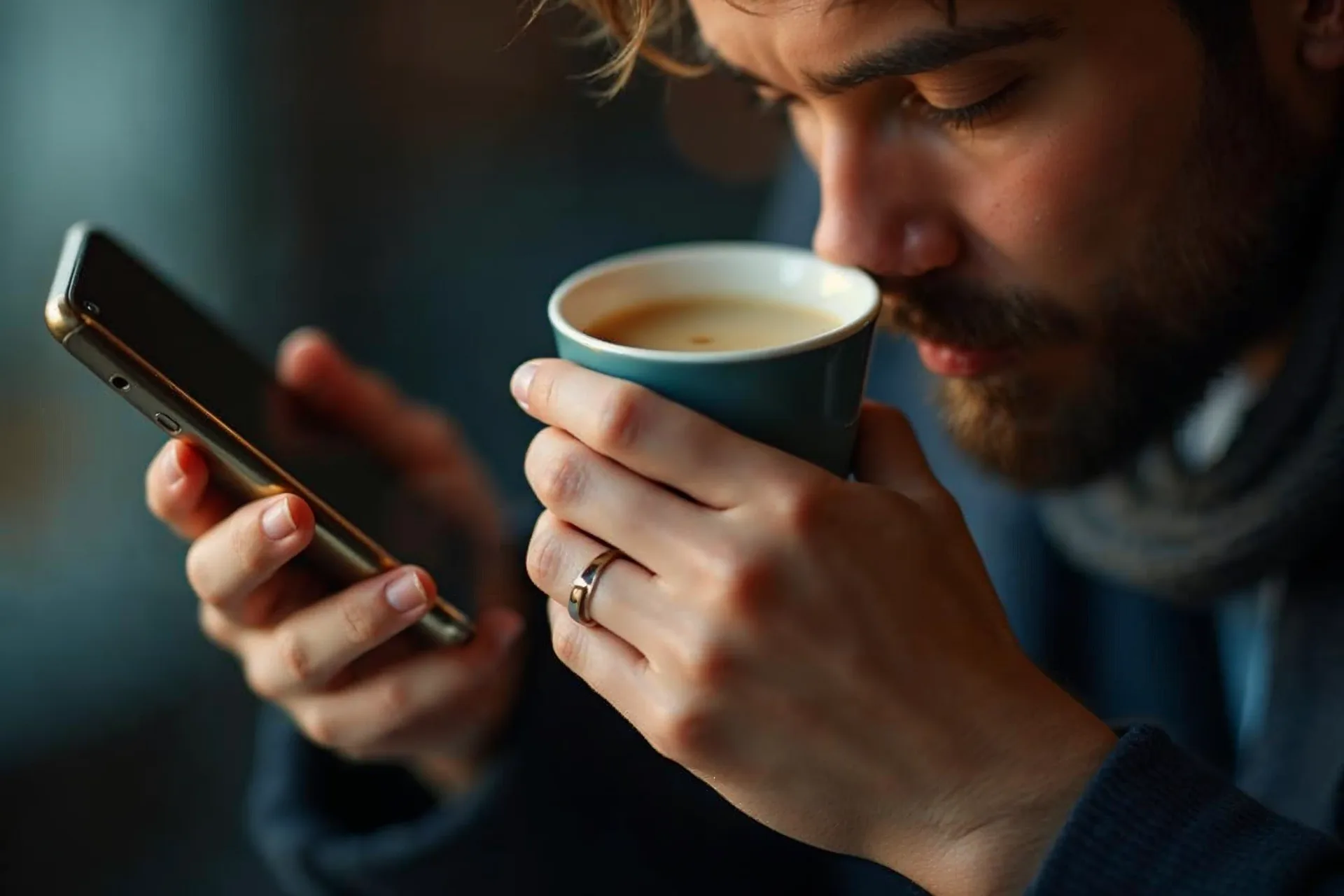 Asmuo skaito kliento atsiliepimą išmaniajame telefone ir geria kavą.