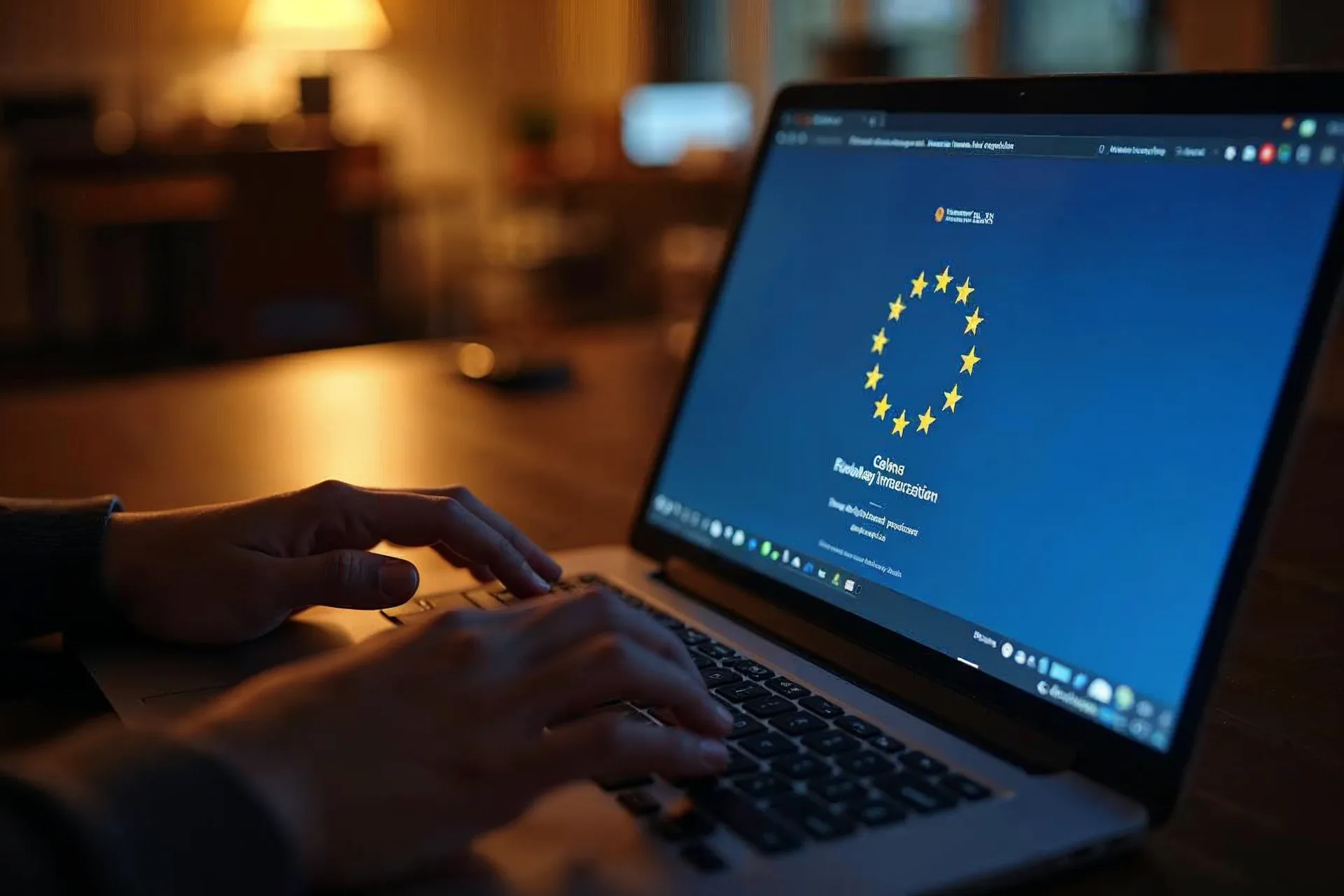 Person typing application on laptop with EU funding logo.
