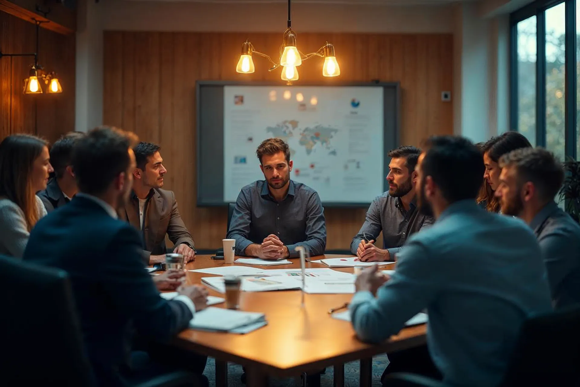 Meeting room with diverse team discussing project proposal.