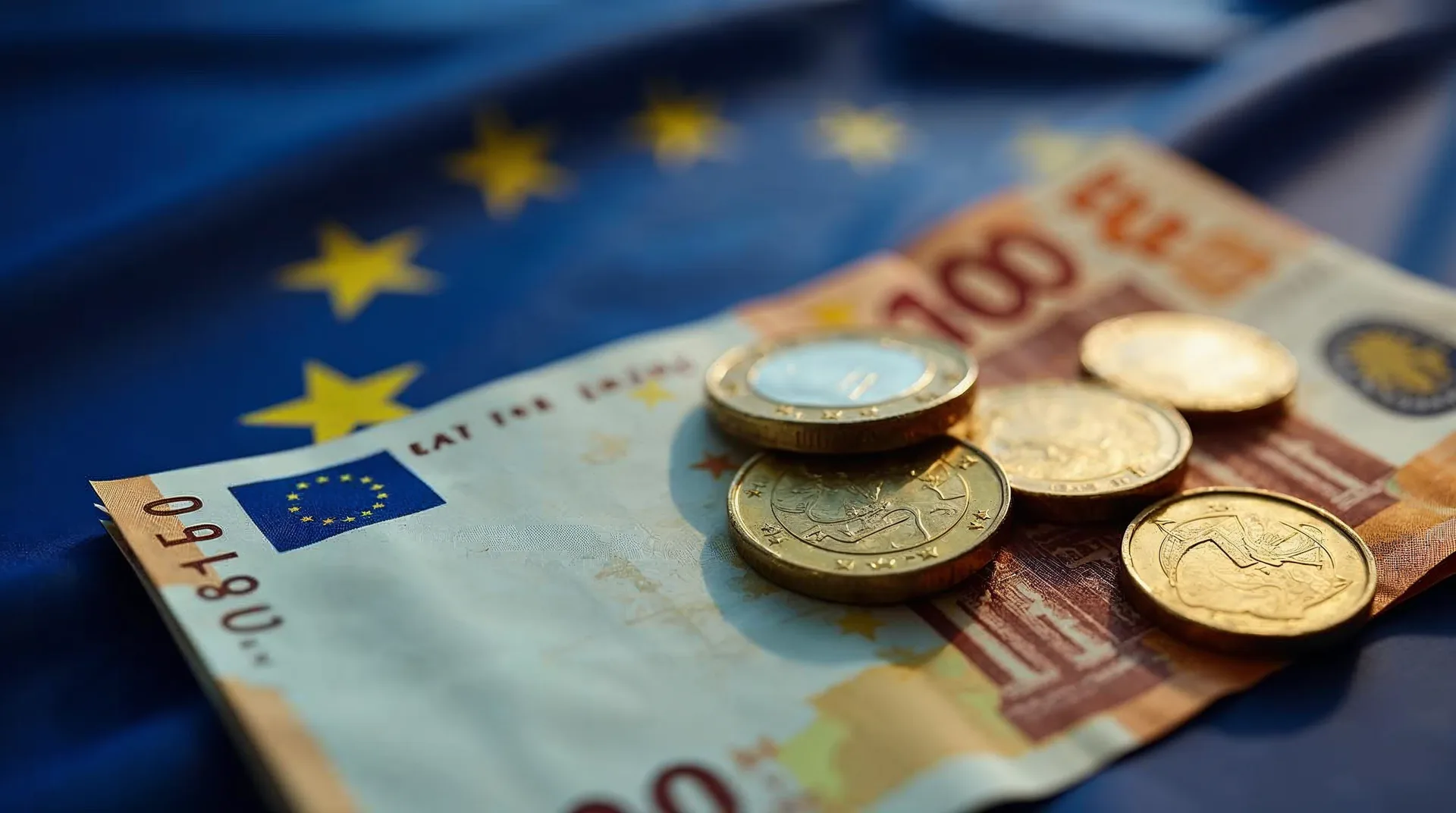 Euro banknotes and coins arranged against the background of the EU flag.