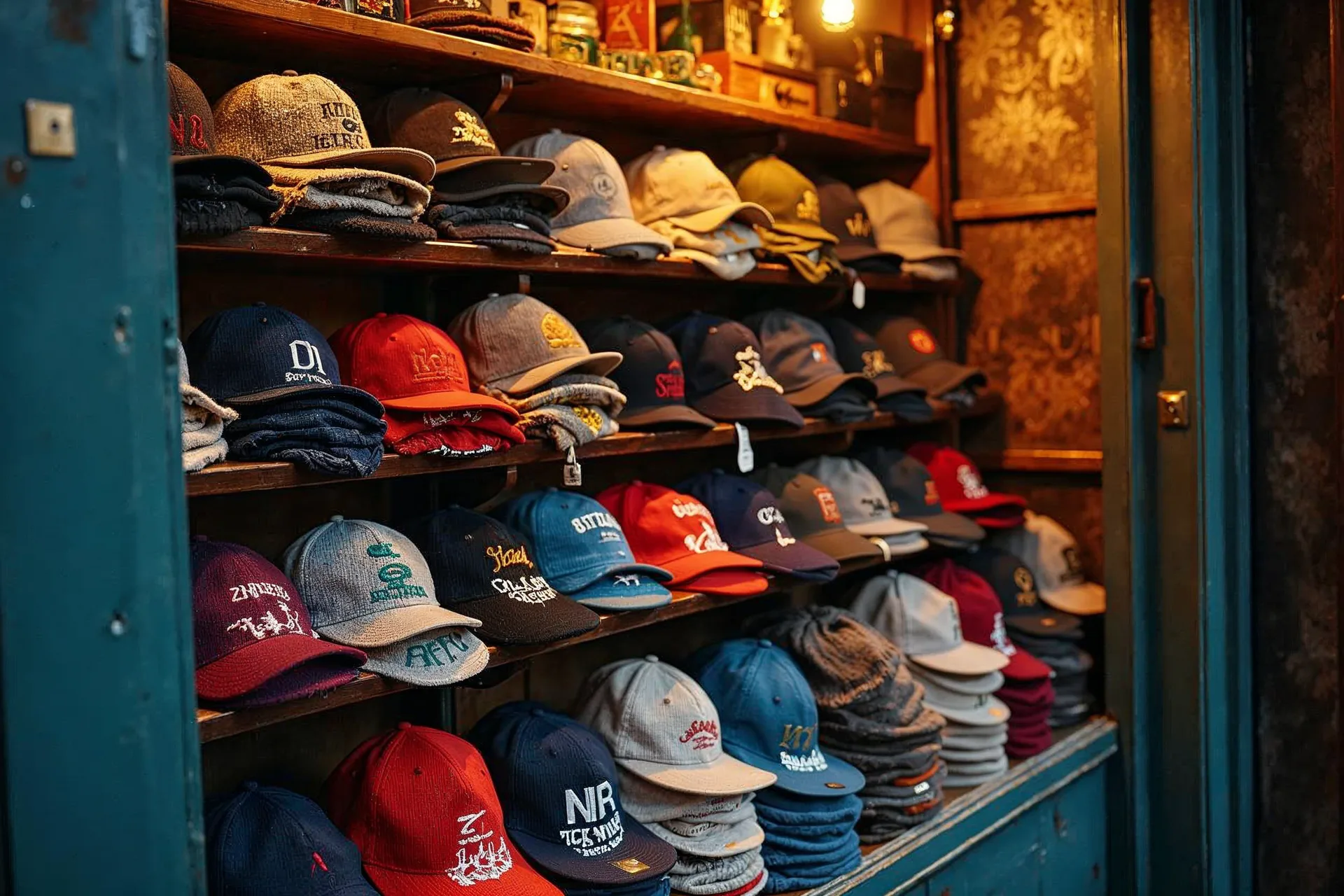 Merchandise-stand med tørklæder og huer på forskellige sprog.
