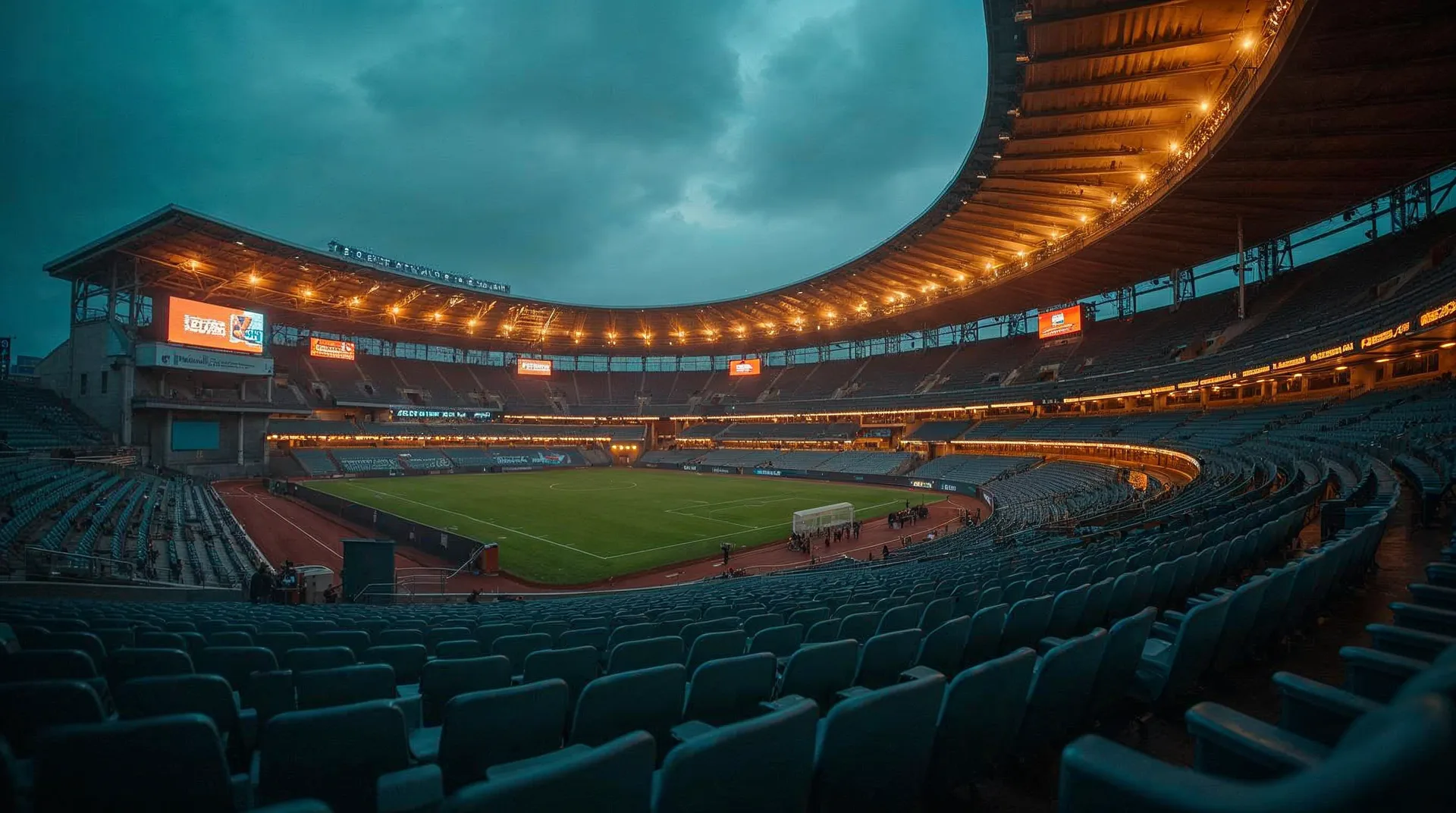 Stadion med reklametavler på flere sprog.