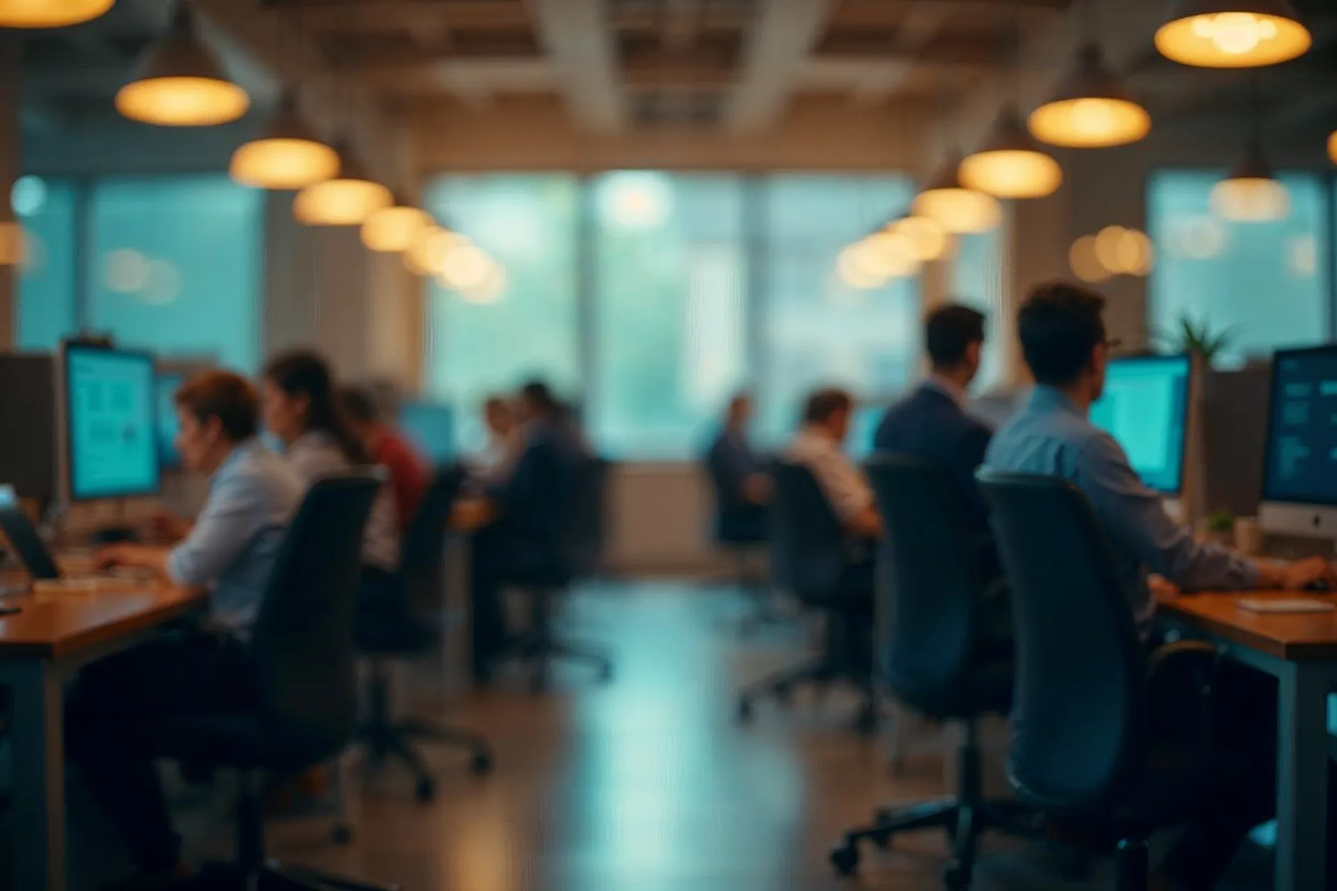 Büro mit Mitarbeitern verschiedener Herkunft, Gesichter nicht sichtbar.