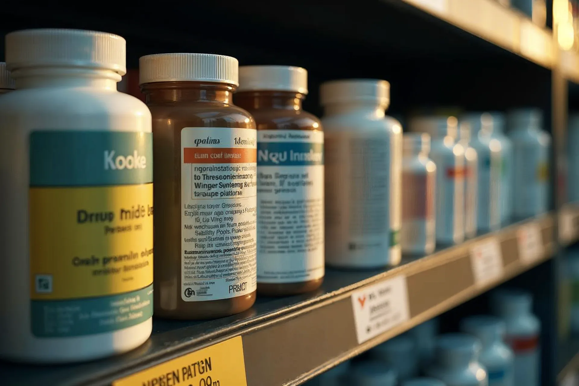 Étagère dans une pharmacie avec des étiquettes en plusieurs langues.