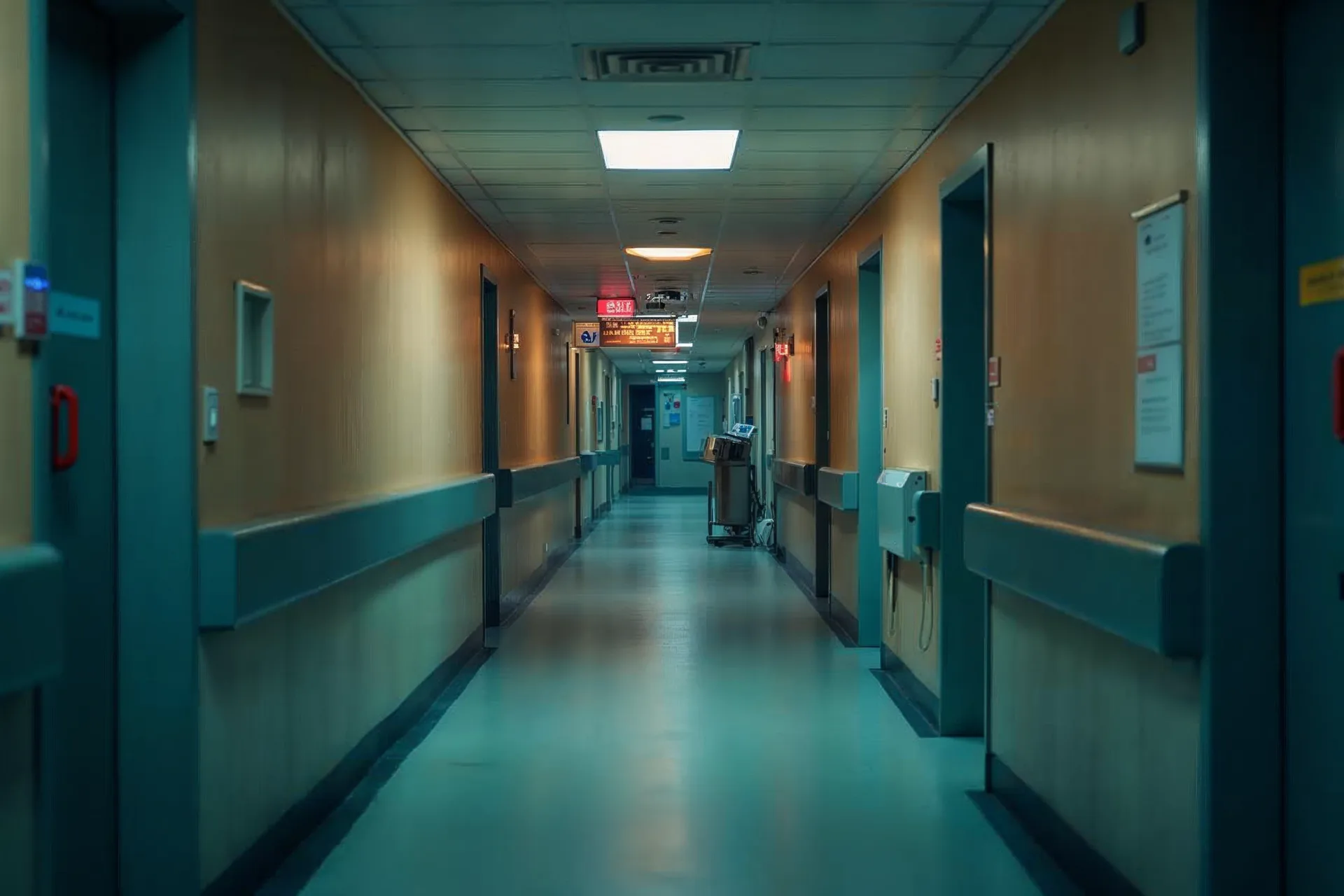 Couloir d'hôpital avec des panneaux d'affichage numériques pour informations.