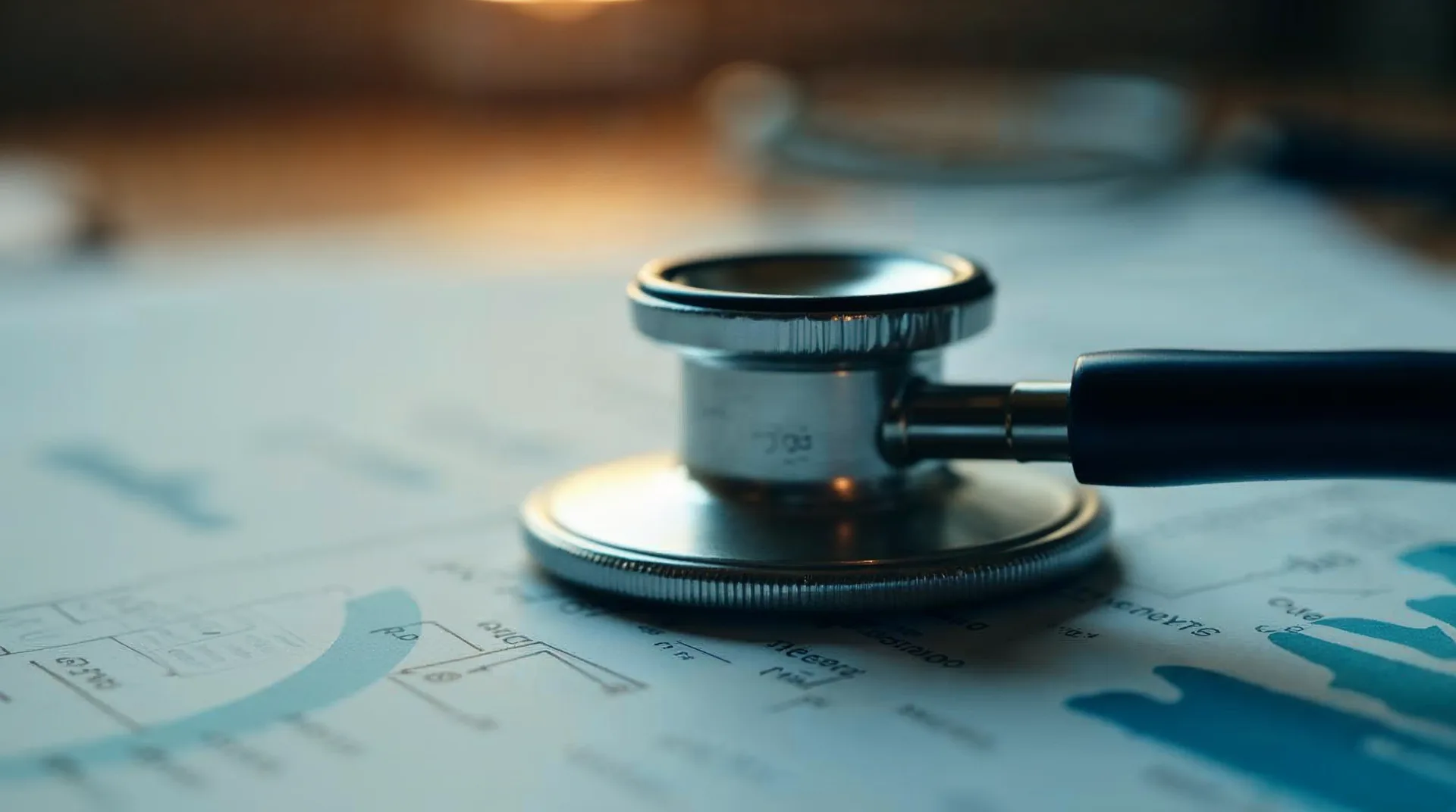 Stéthoscope posé sur un rapport médical en gros plan.