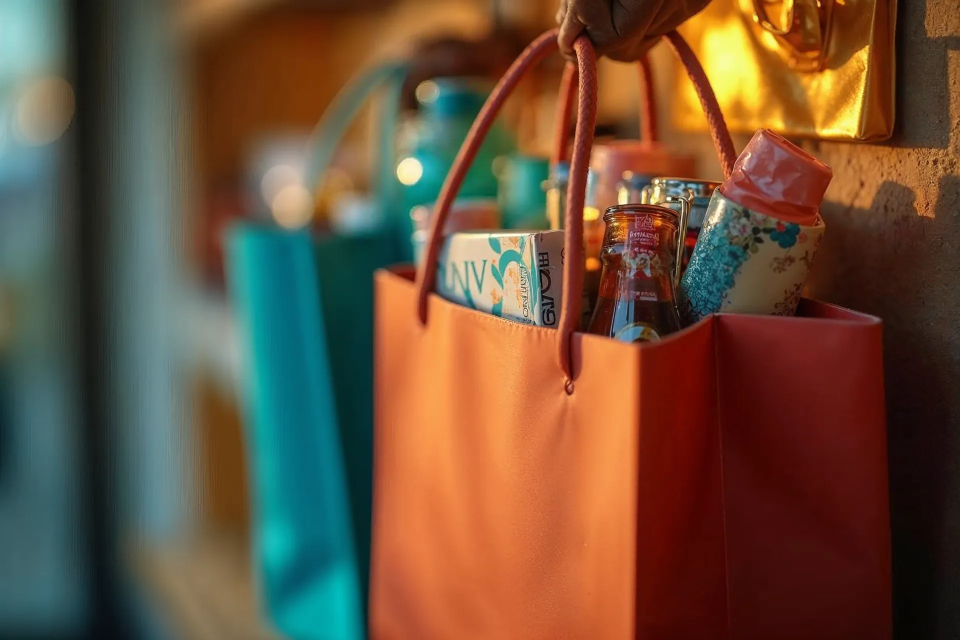 Shopping bag piena di articoli colorati.