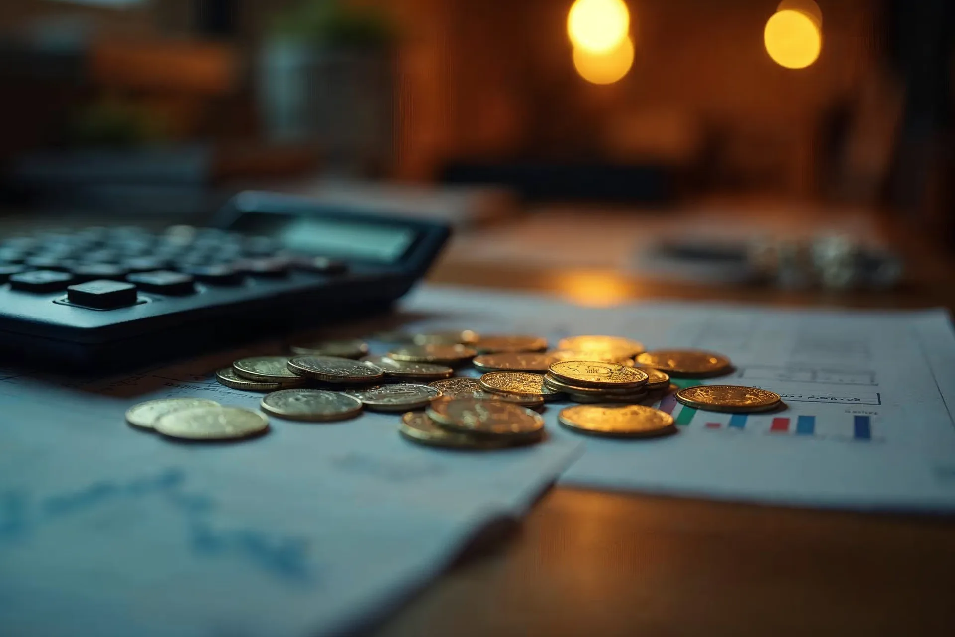Moedas e uma calculadora sobre uma mesa.