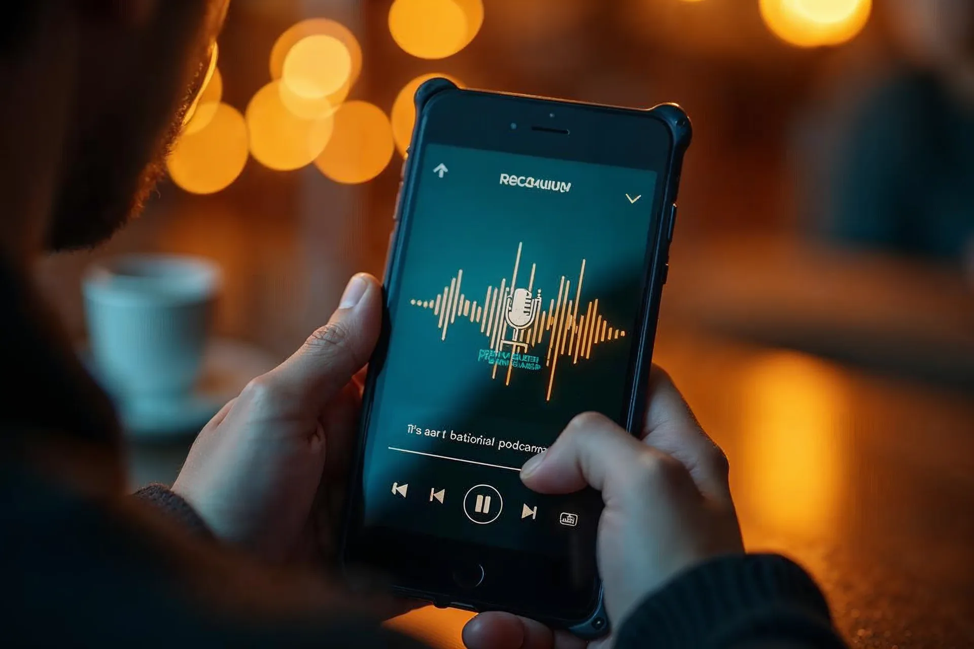 Älypuhelin, jossa podcast-sovellus avoinna.