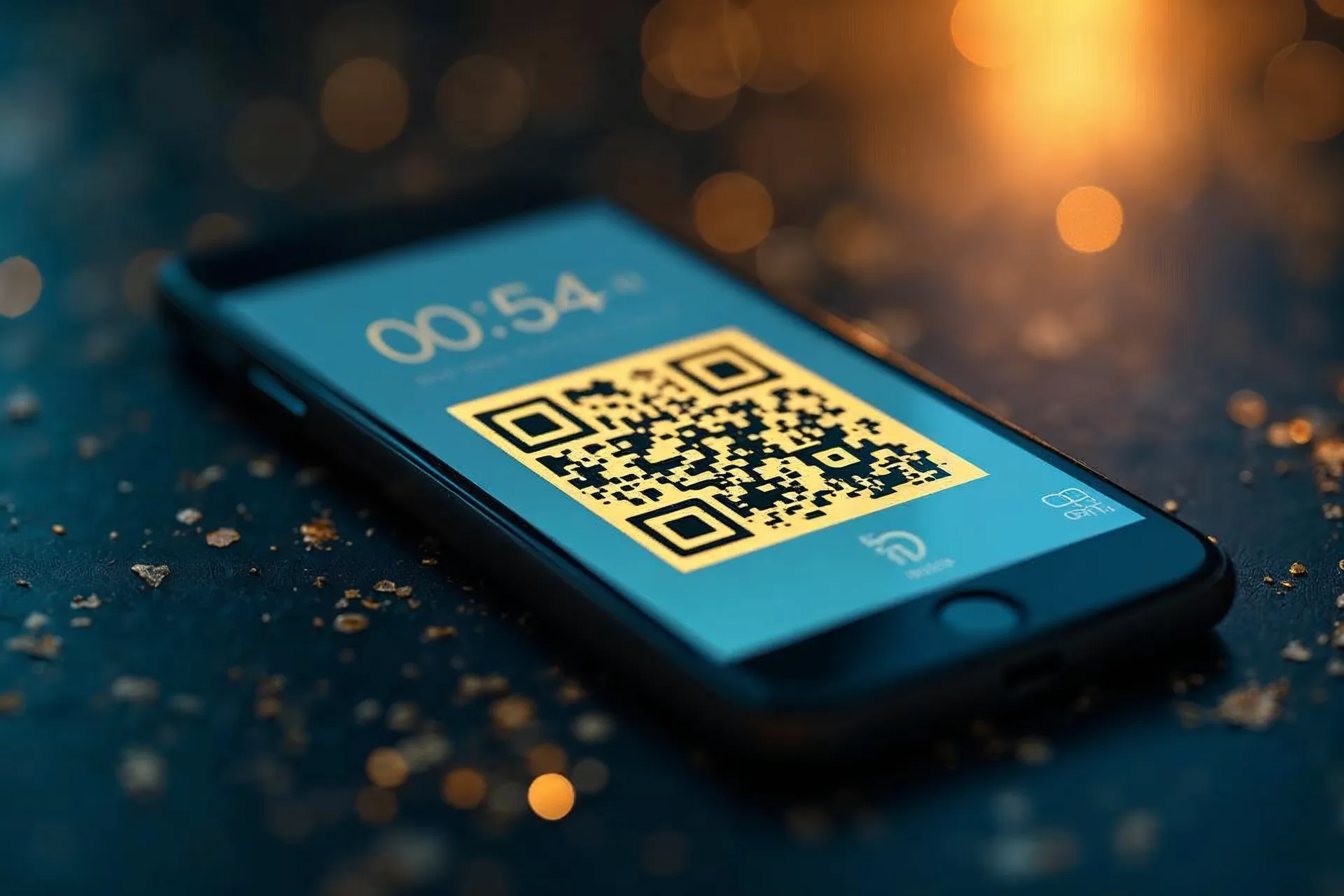 Ein Smartphone zeigt einen QR-Code vor schlichtem abstraktem Hintergrund.