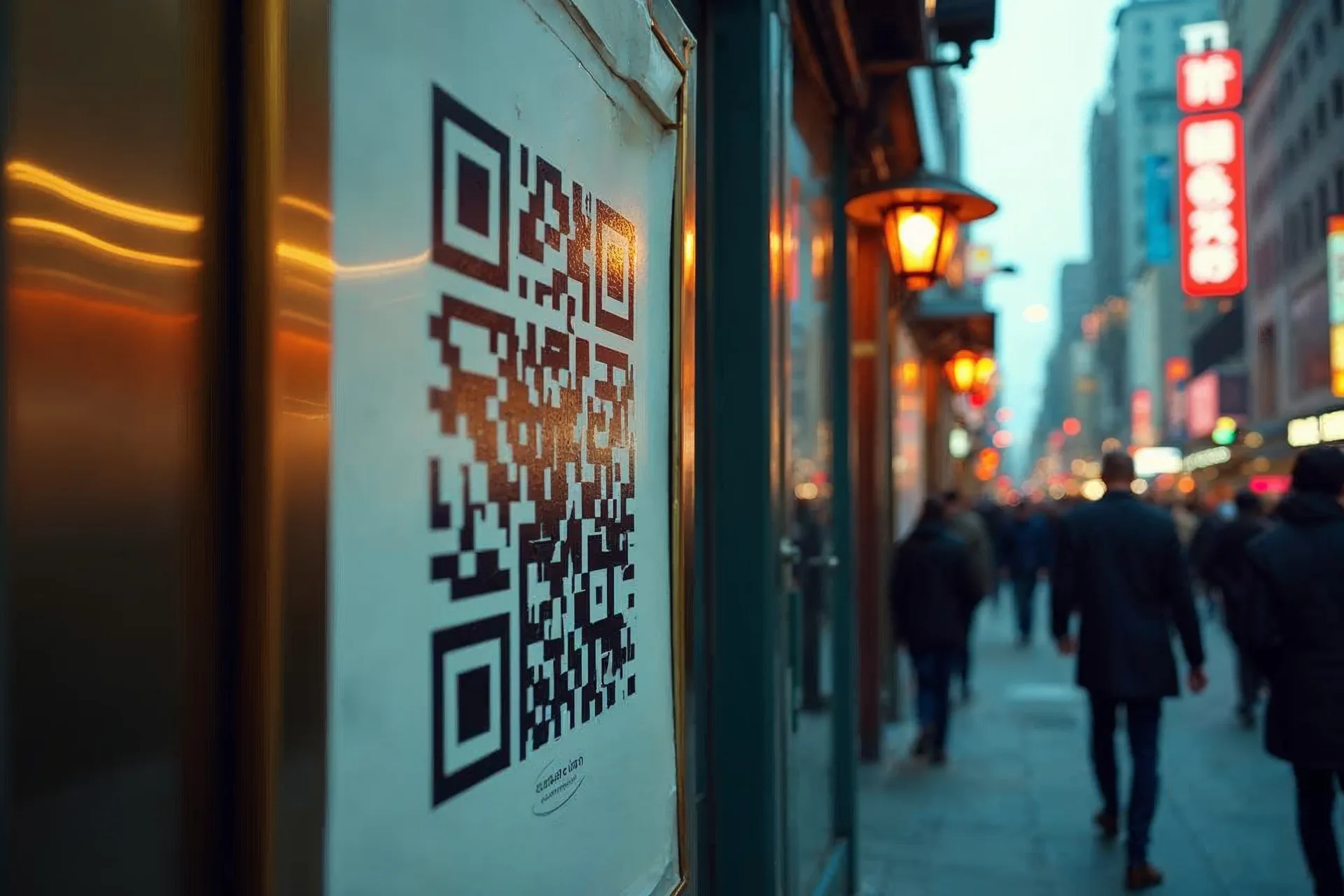 Ein QR-Code auf einem Plakat in einer belebten Stadtstraße.