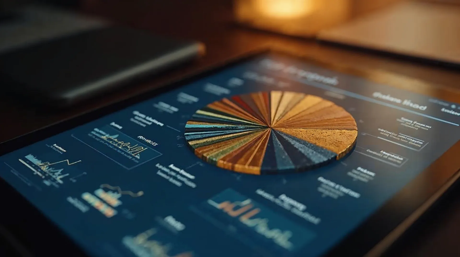 O tabletă afișează o diagramă circulară cu etichete multilingve.