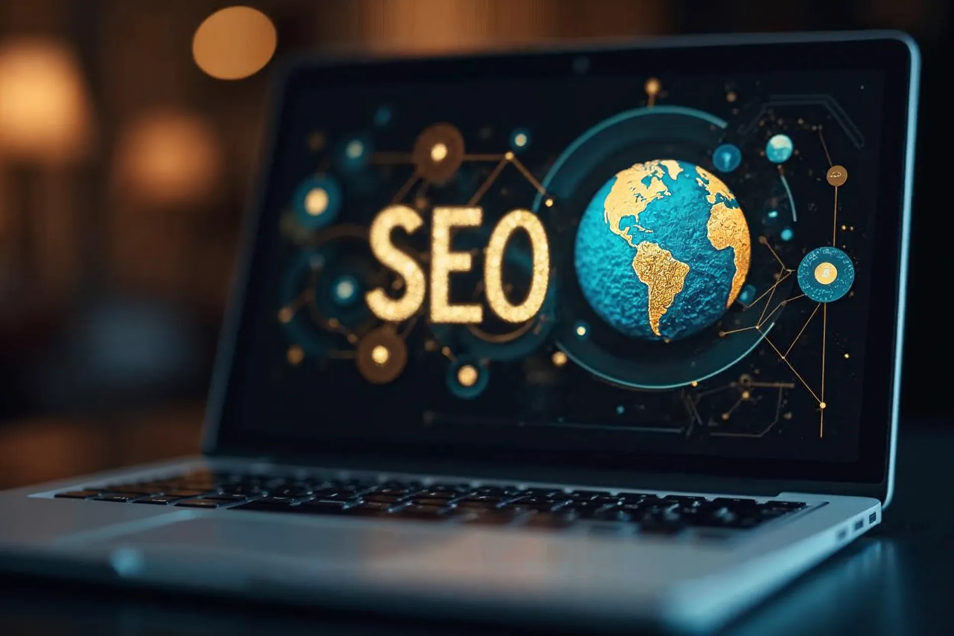 Un laptop cu instrumente SEO deschise și un simbol mic de glob.