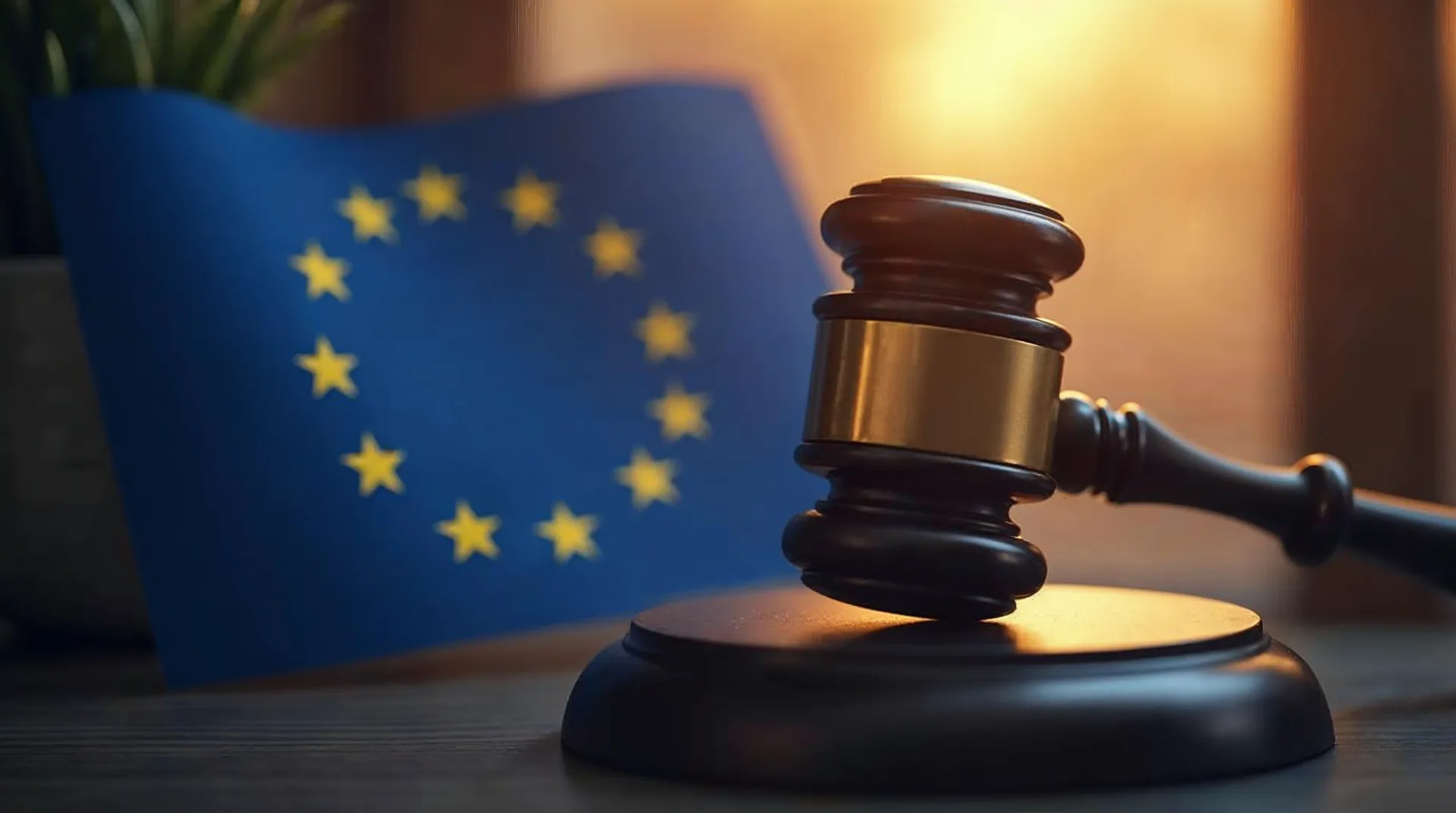 Bandera de la UE con un martillo de juez en primer plano simboliza la legislación europea sobre contenidos de IA.